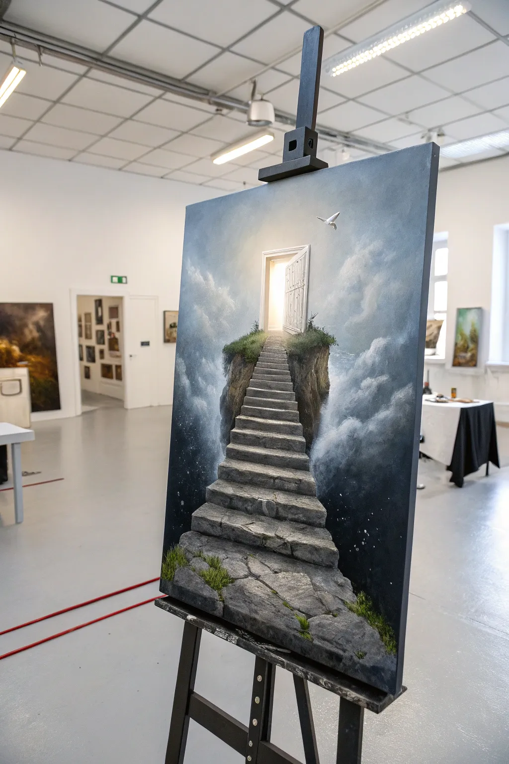 Surreal acrylic concept: floating stairs to a glowing doorway, lit by one source with believable shadows