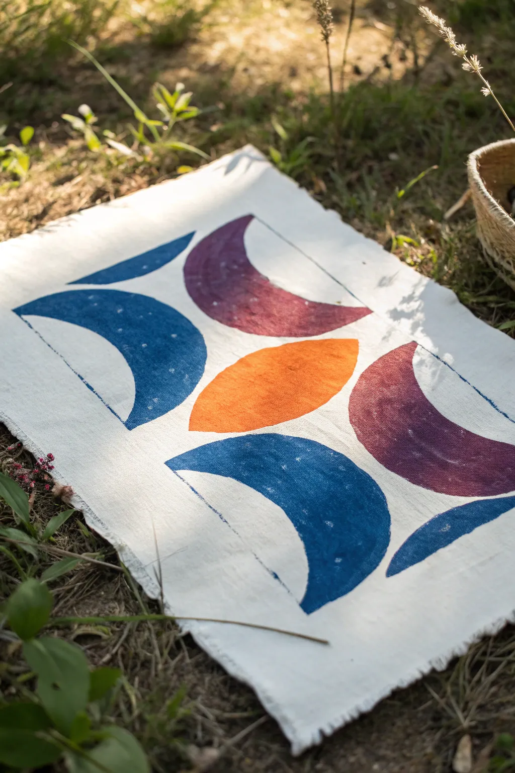 Bold overlapping color shapes create a crisp crescent moon in clean negative space, minimalist and chic