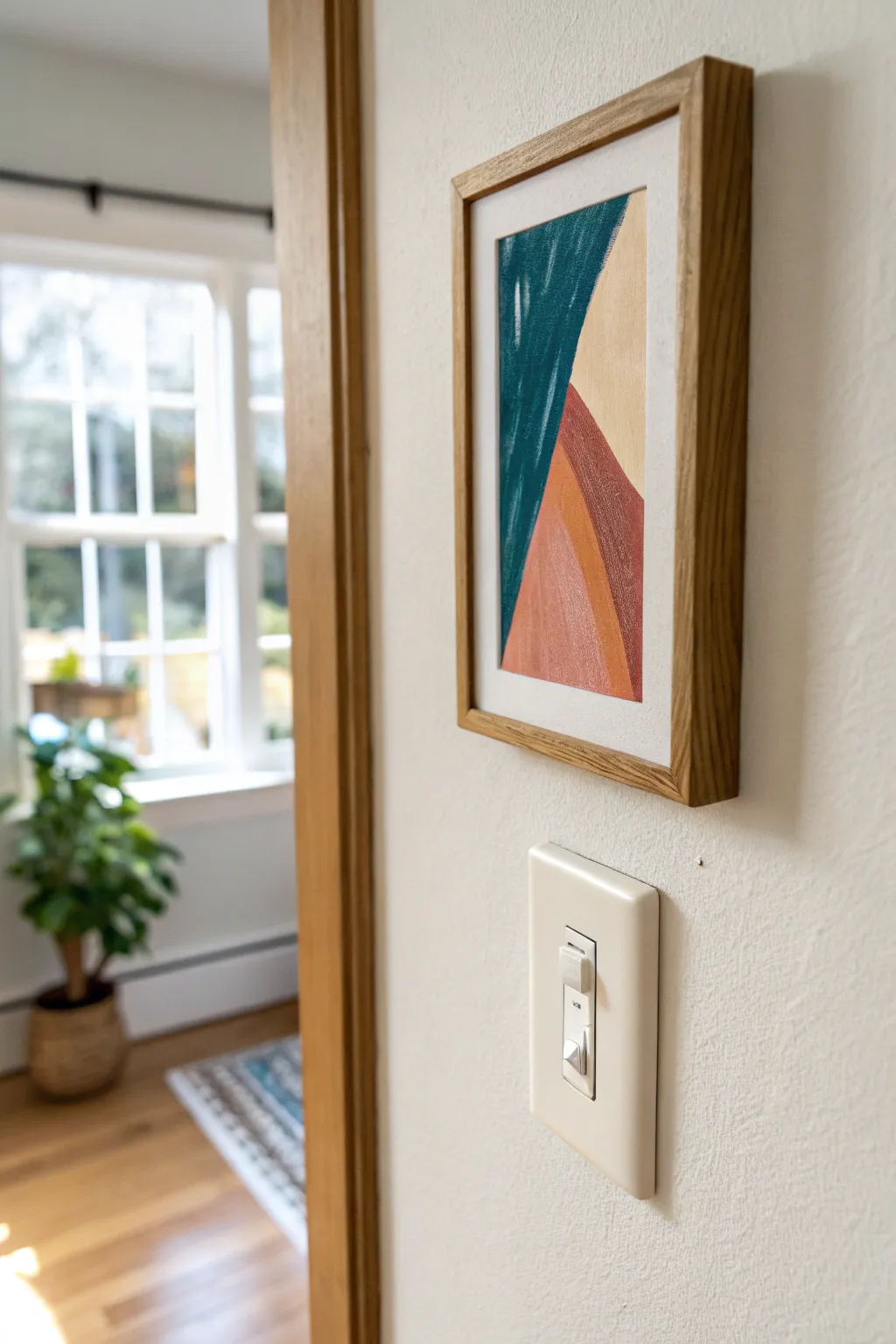 A tiny matching painting above a light switch adds a curated, designed feel with bold contrast.
