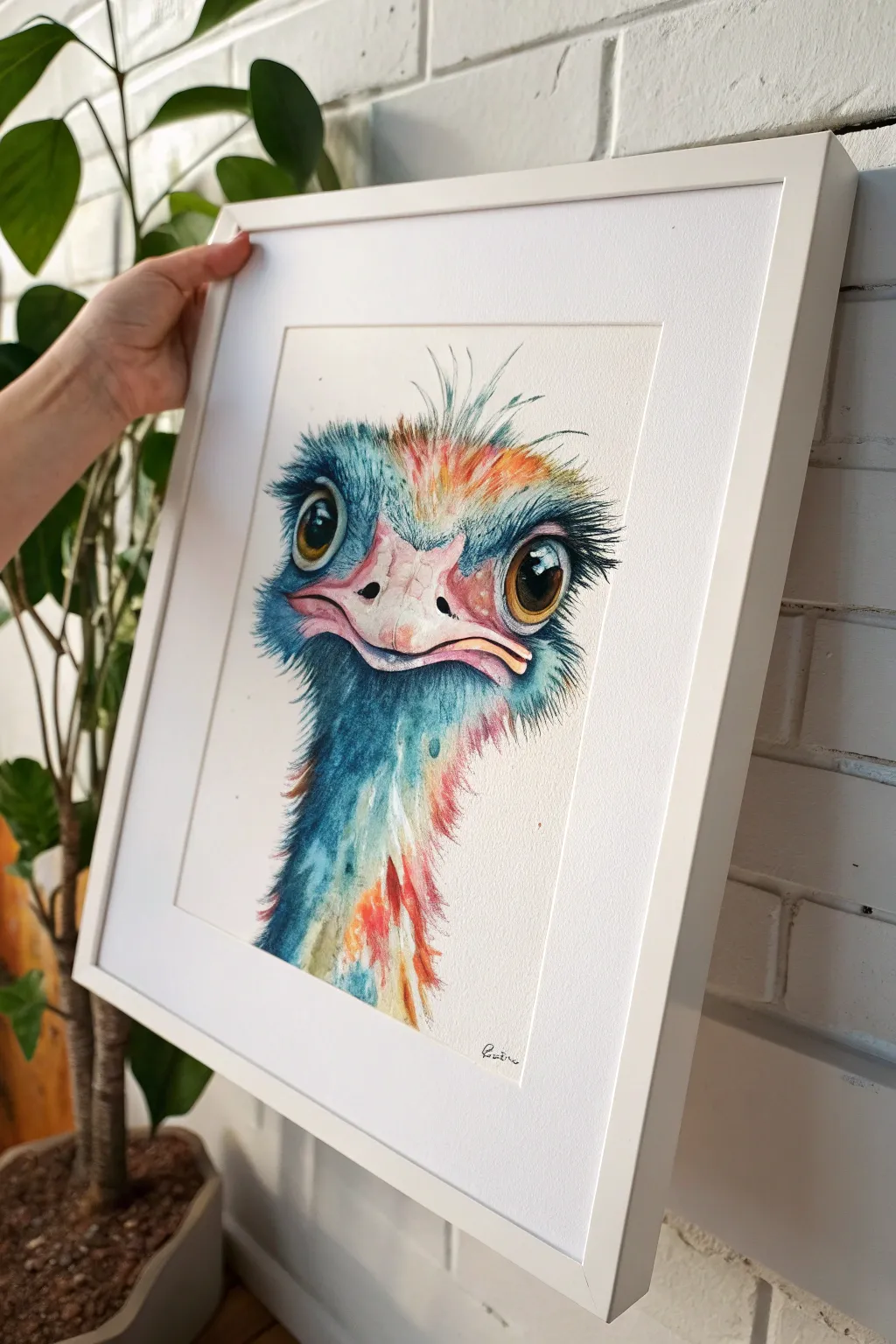 Whimsical ostrich painting with big eyes and bold boho color, minimalist Scandinavian vibe