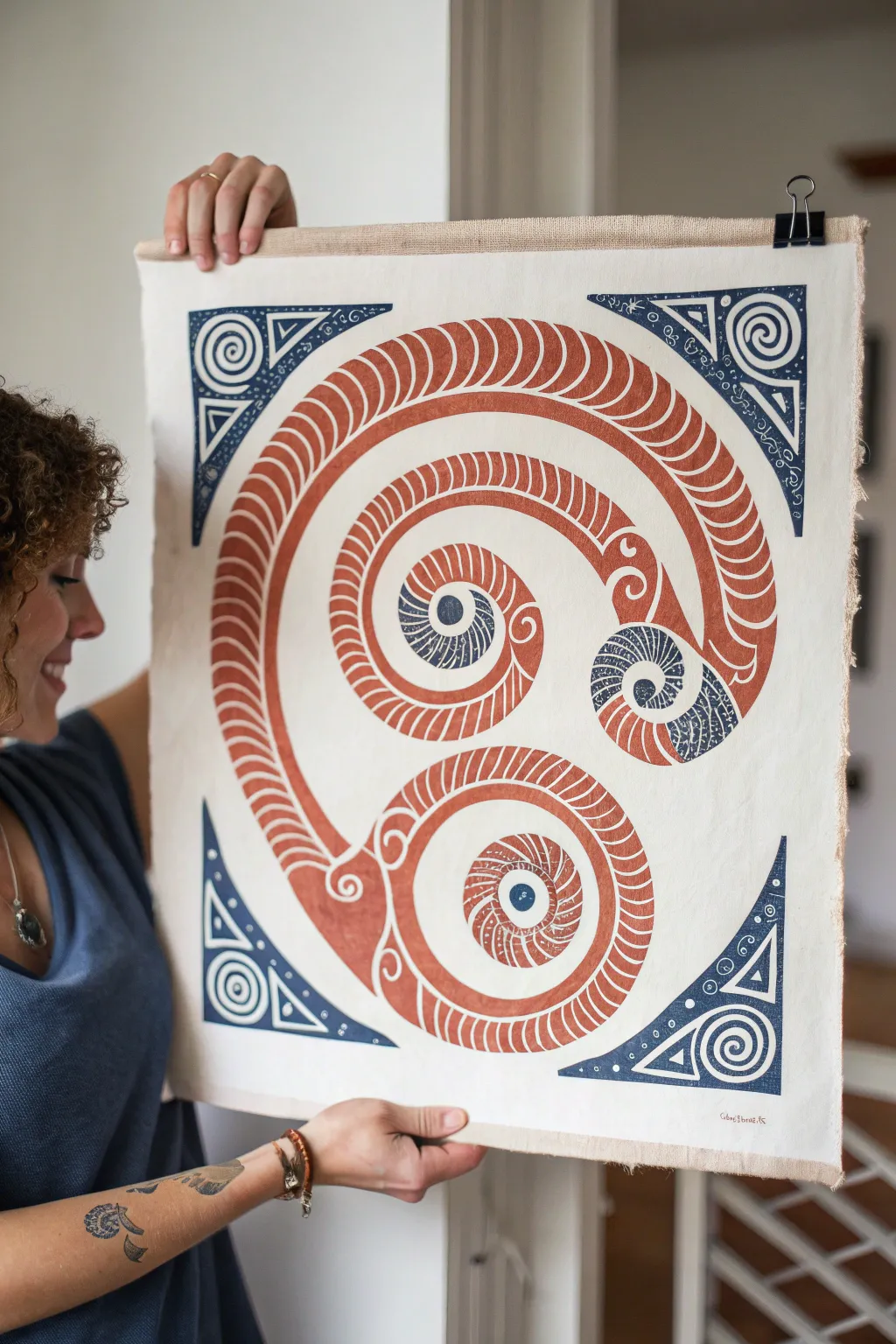 Abstract Aries horn swirls with a hidden glyph, minimalist yet bold for modern boho decor.