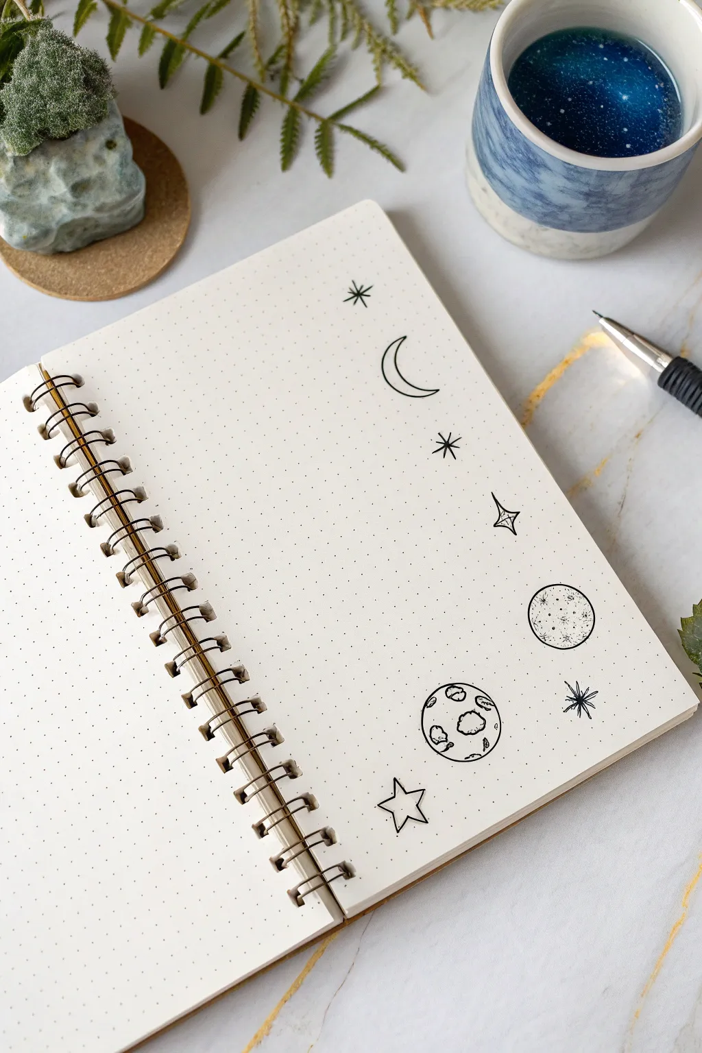 Easy minimalist astronomy doodles: one-line planet, star, crescent moon, and rocket