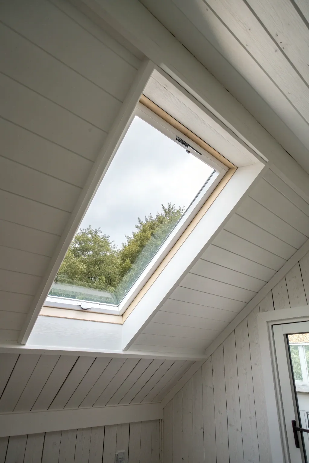A painted fake skylight glow on the attic slope brings bright, airy light with simple brushwork.
