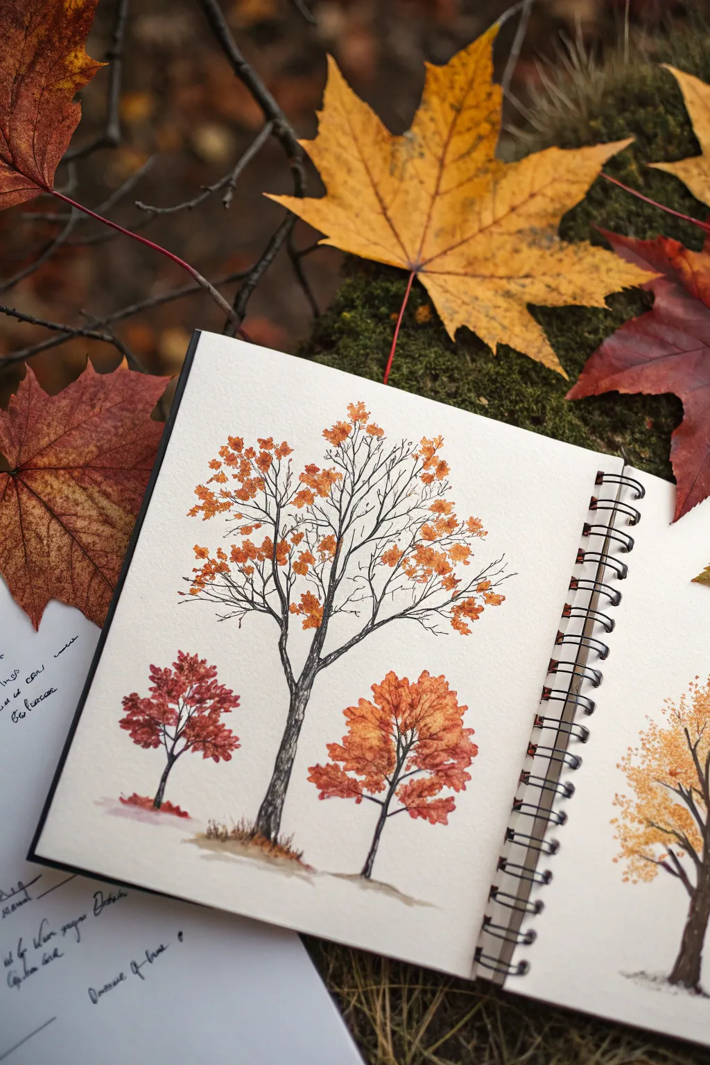 Four seasonal tree sketches in one clean page, from peak autumn color to elegant bare branches
