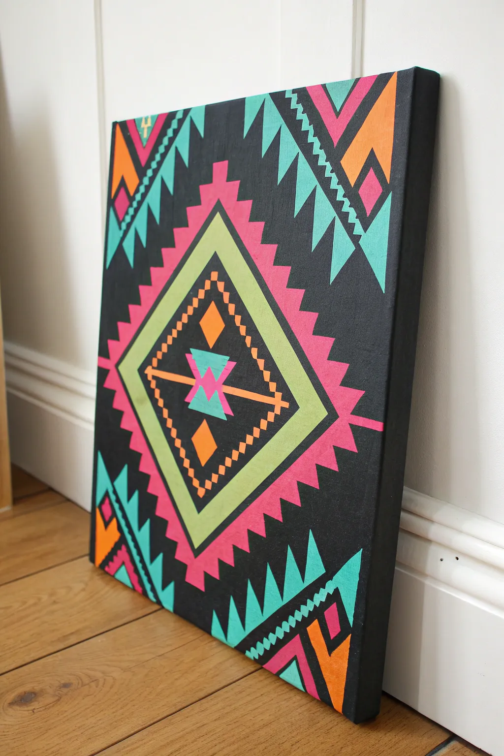 Modern neon Aztec geometry on deep charcoal for a bold, minimalist-boho statement piece.