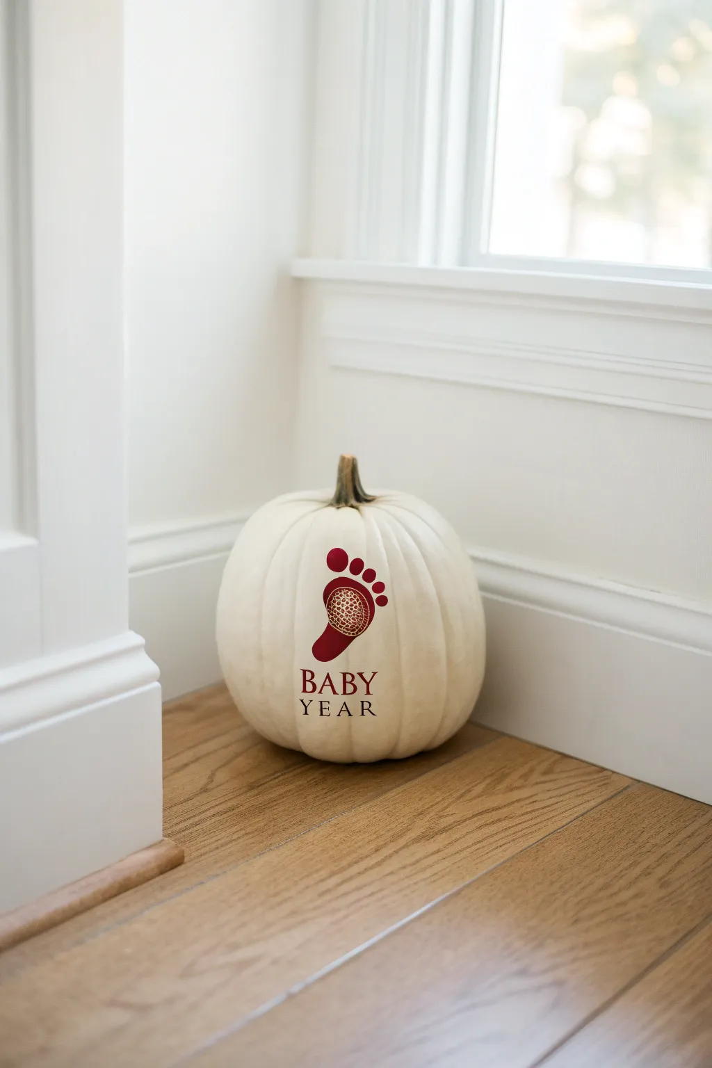 Cream modern pumpkin with one bold baby footprint and tiny name detail, perfect first fall keepsake.