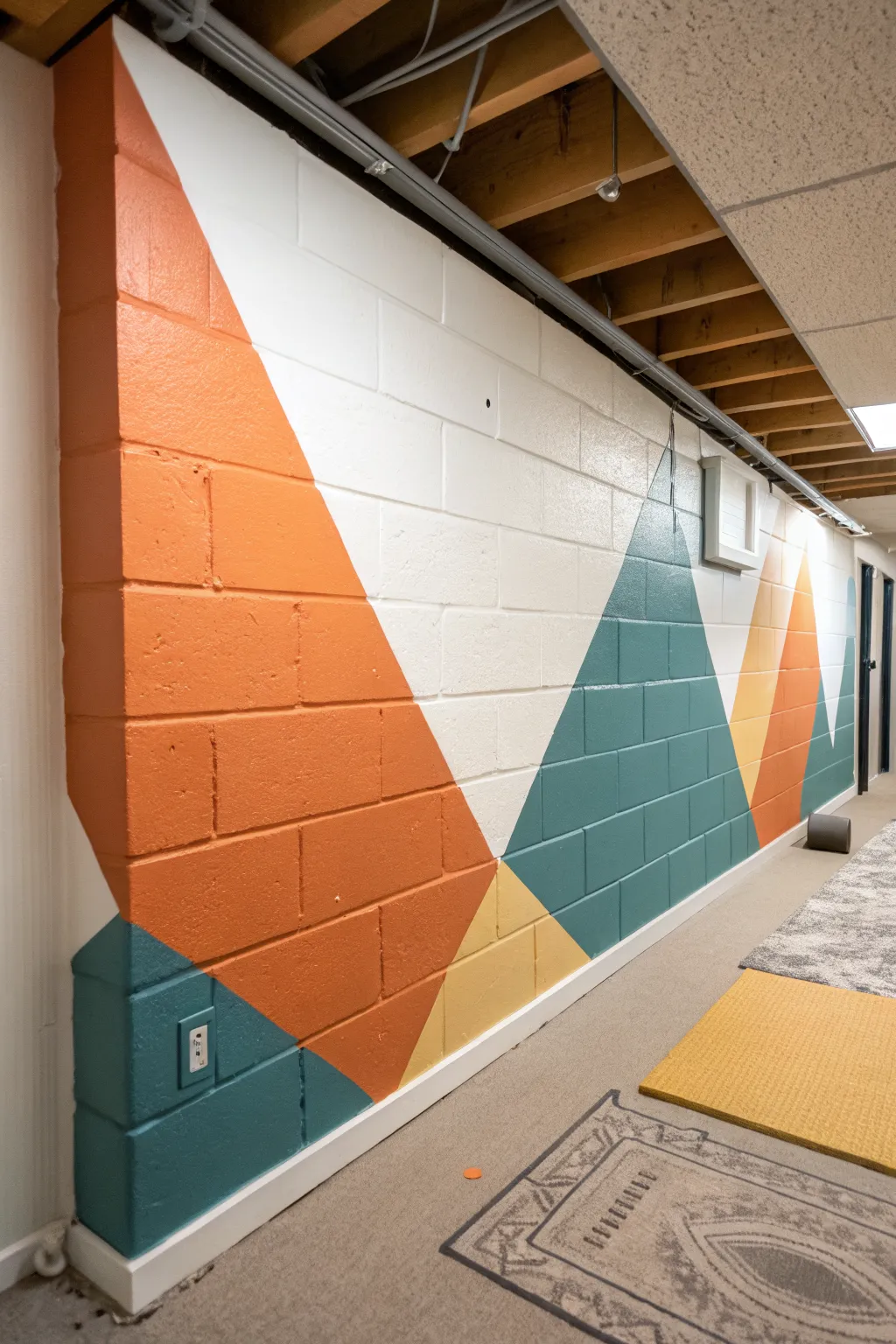 Geometric color blocks define workout, lounge, and desk zones without adding walls.