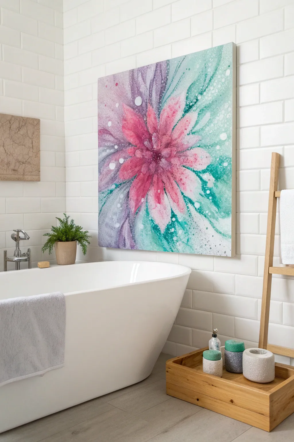 Minimalist bathroom canvas with watercolor bath bomb burst, soft boho color pop inspired.