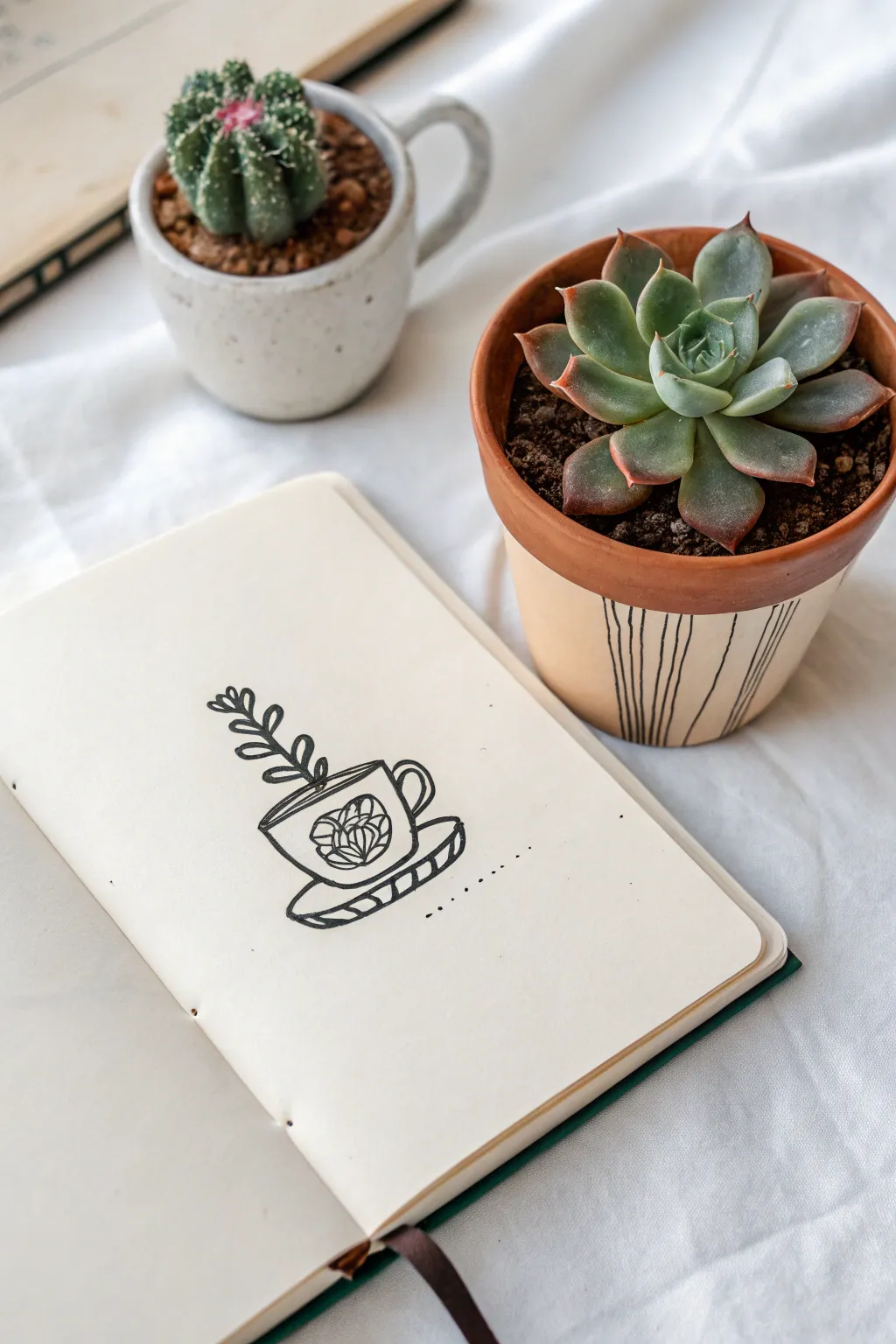 Mix two easy shapes into one doodle: teacup plus tiny plant, clean lines and a bold color pop.