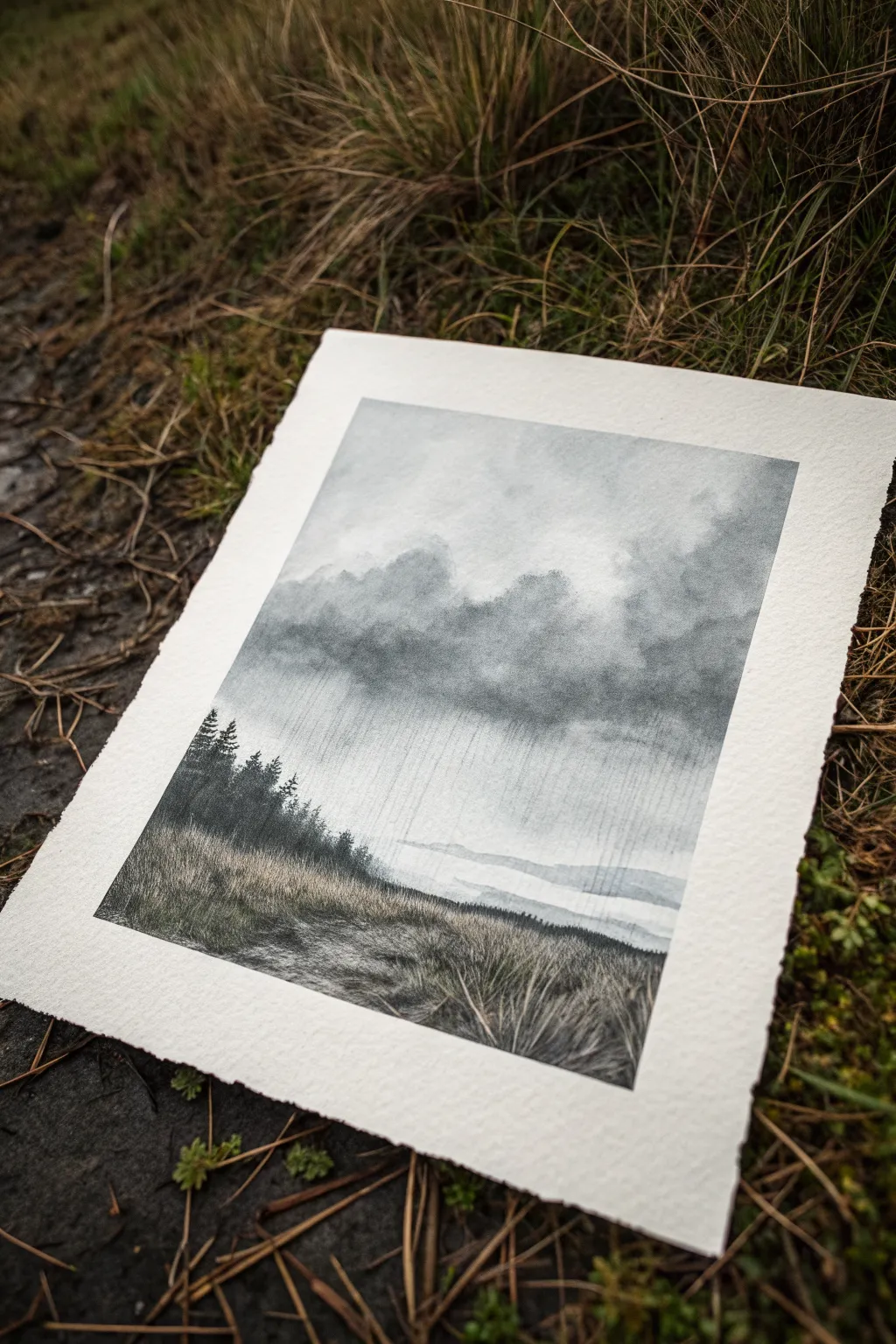 Easy charcoal wash storm sky: soft moody clouds and a bold dark horizon silhouette