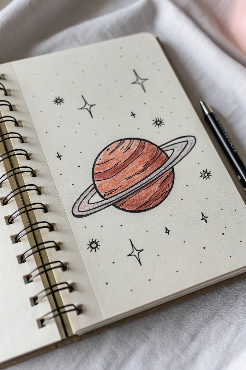 Whimsical floating planet doodle with simple lines, tiny stars, and one easy shadow curve