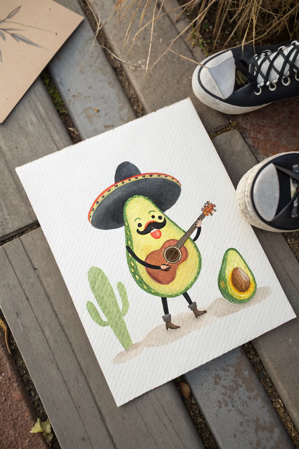 Playful avocado mariachi painting idea in bold flat colors and simple shapes for beginners