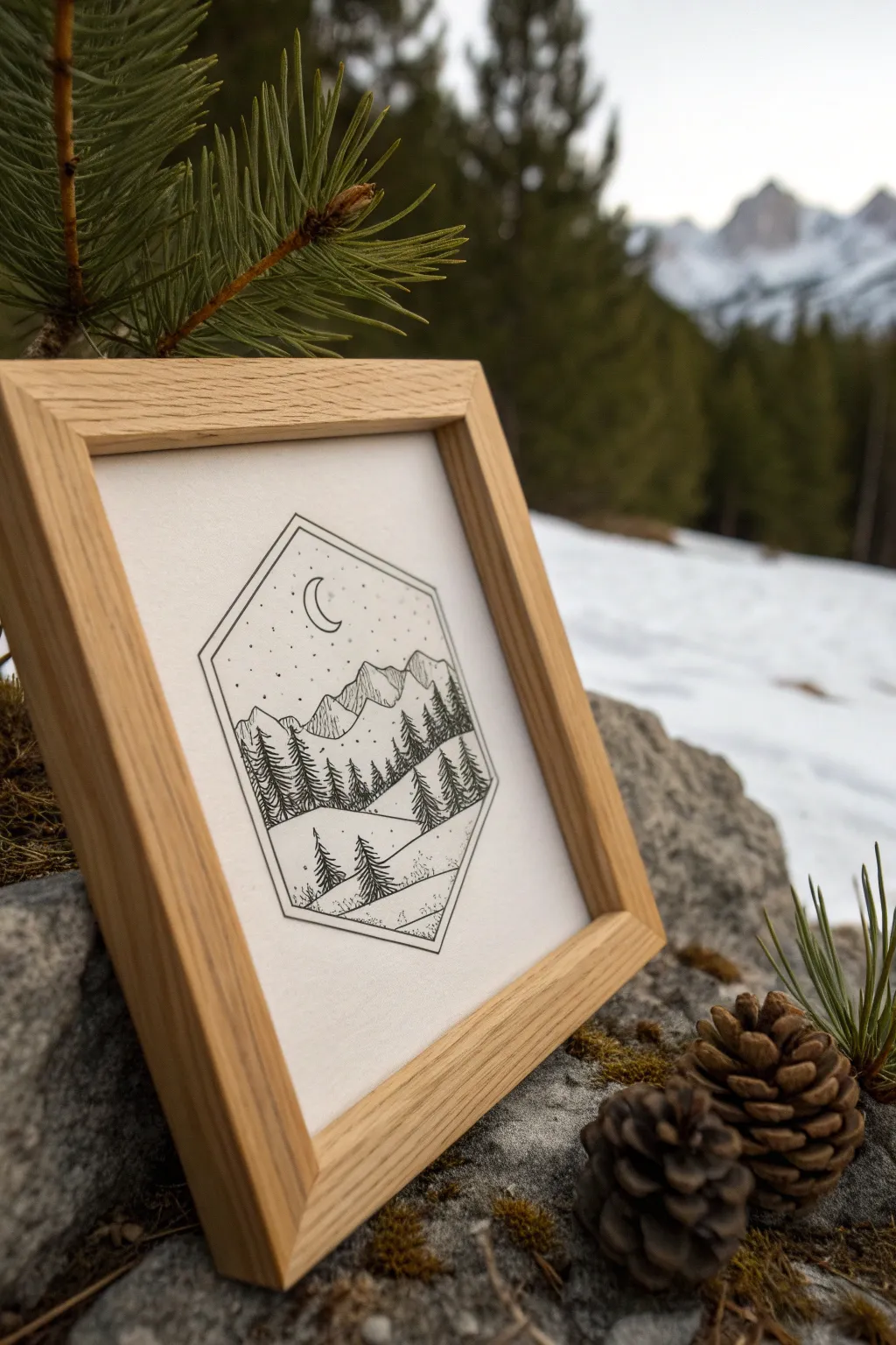 Minimal framed portal sketch: bold black landscape silhouettes inside a crisp hexagon on white paper.