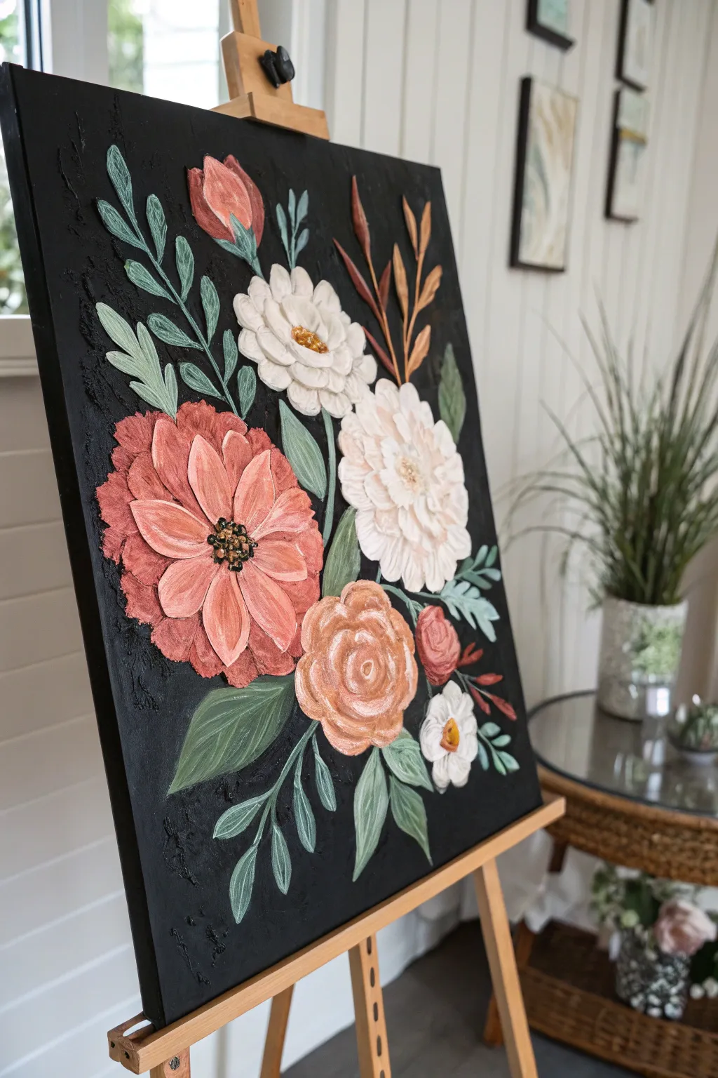 Chunky palette knife florals pop off a matte black canvas with bold, light-catching texture