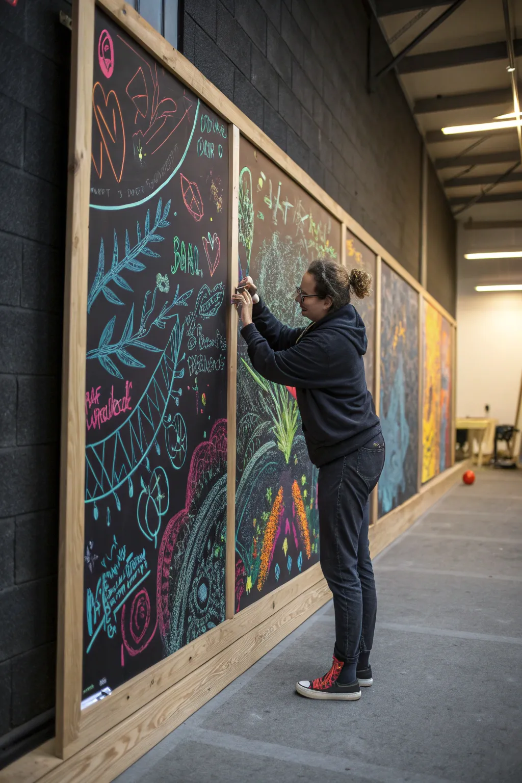 Neon handprints and doodles glow together on a minimalist framed wall under black light.