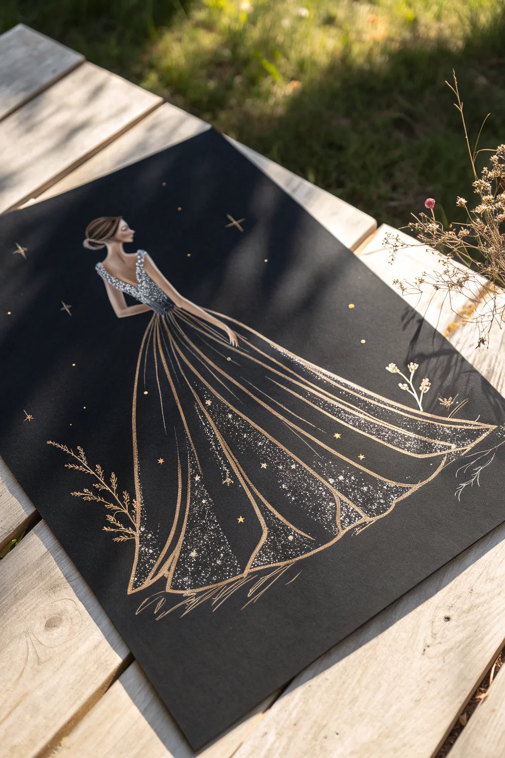 Metallic fashion sketch glowing on black paper, minimalist luxe shimmer with bold contrast