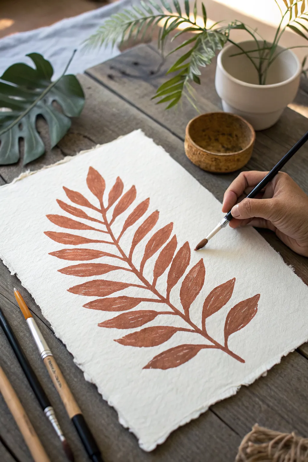 Terracotta negative-space leaf silhouette with thin black line art, an easy modern boho drawing idea