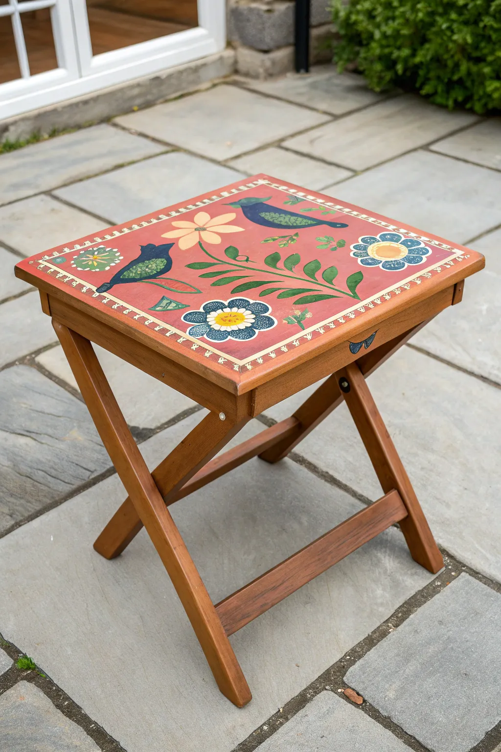 Outdoor boho side table with folk-art birds, bold colors, and sunlit garden charm