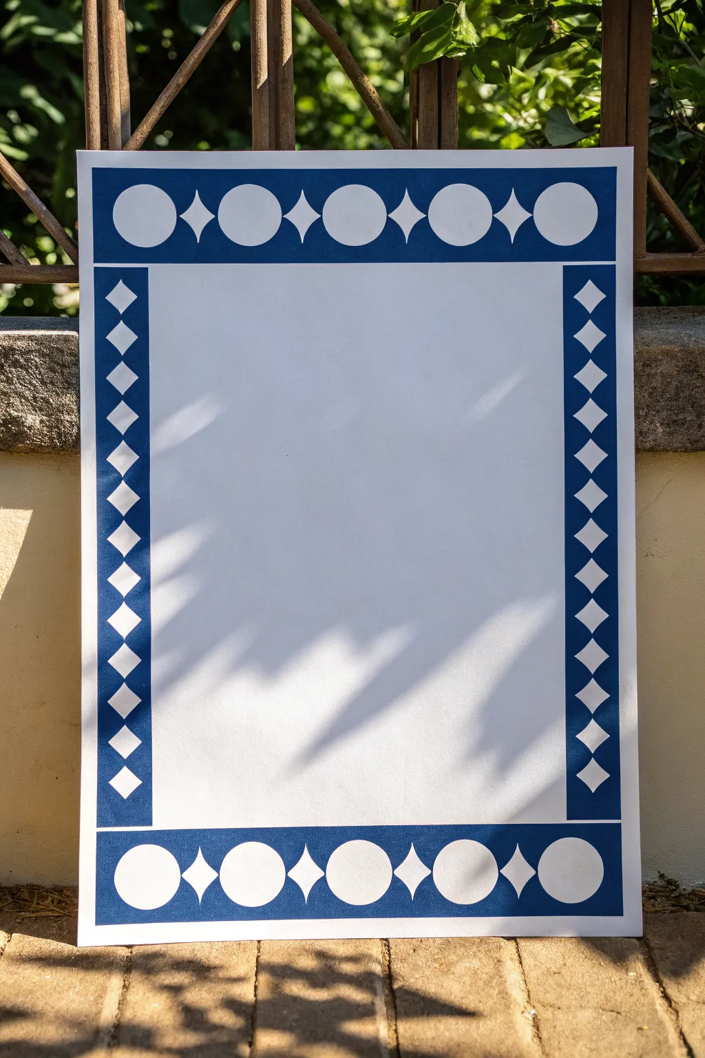 Bold stencil-style border: thick band with clean cutout shapes for striking negative space.