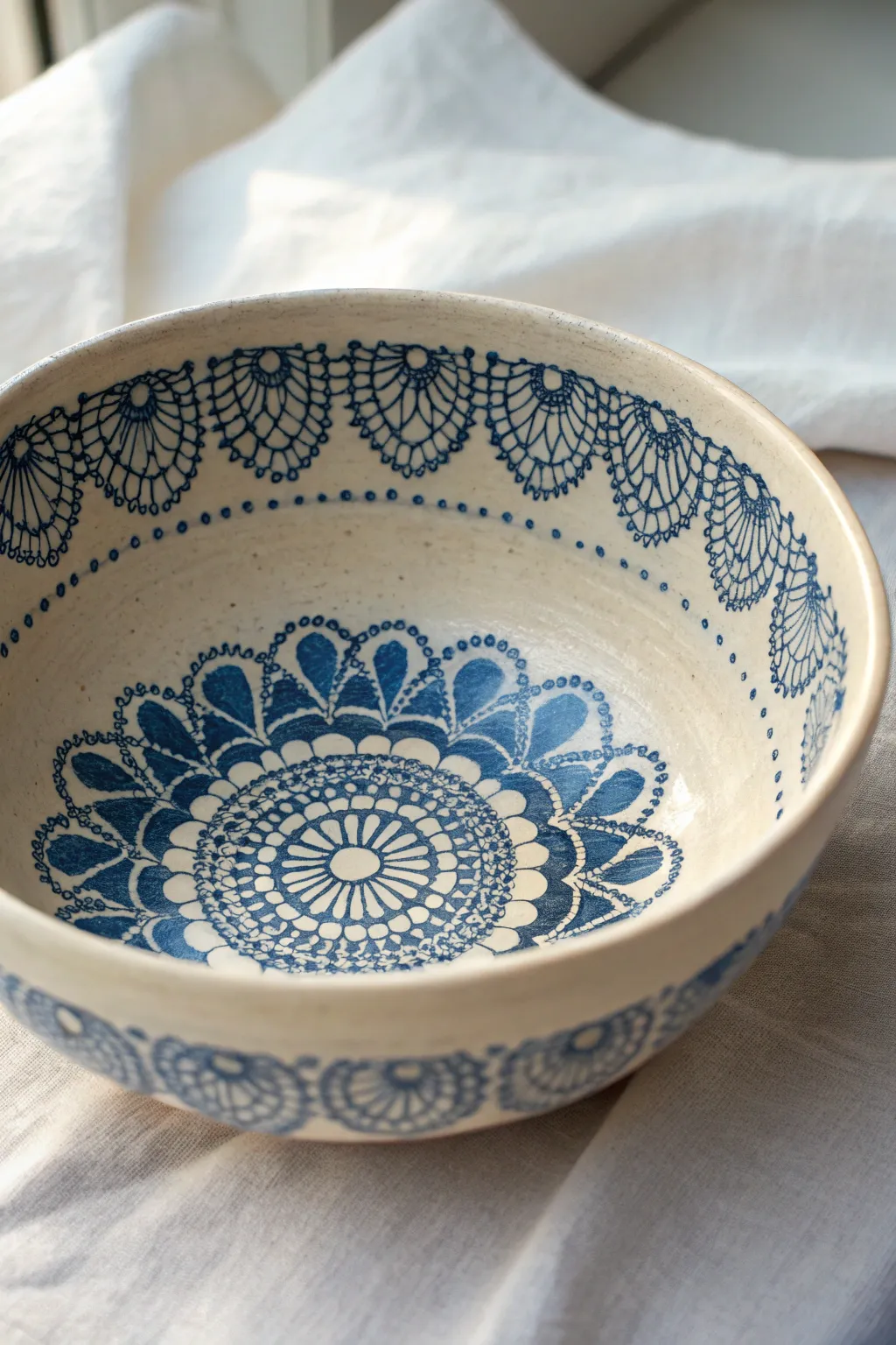 Delicate lace stencil bowl painting in bold indigo for a minimalist boho handmade look.