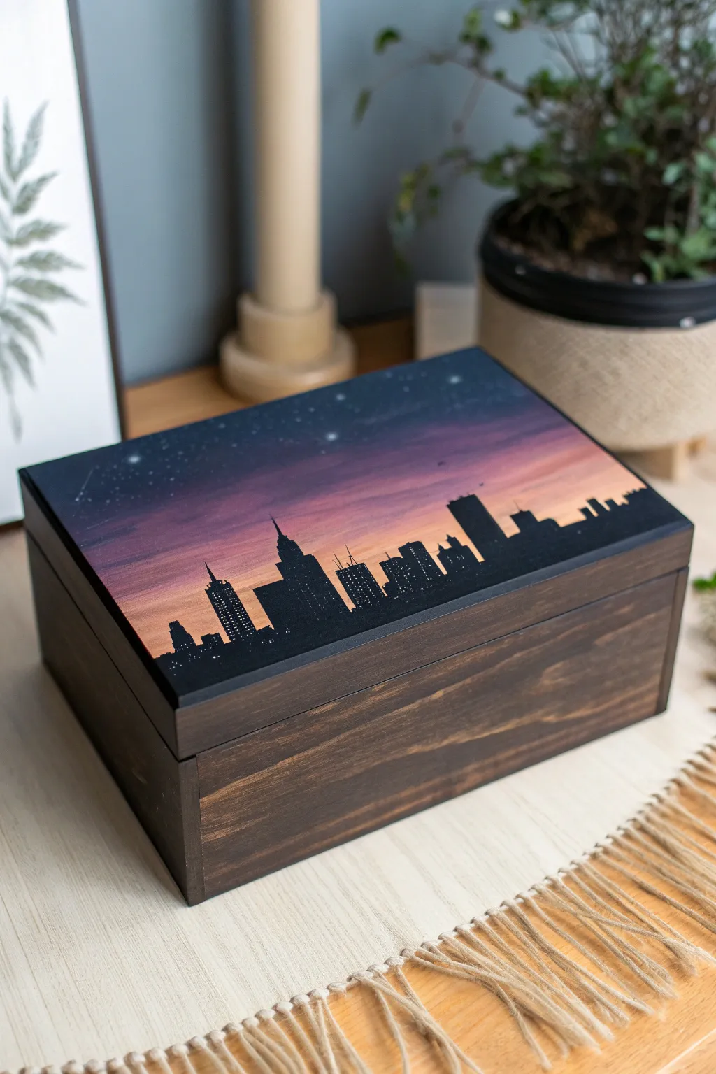 Twilight ombre box lid with bold black city silhouette, minimalist Scandinavian boho aesthetic