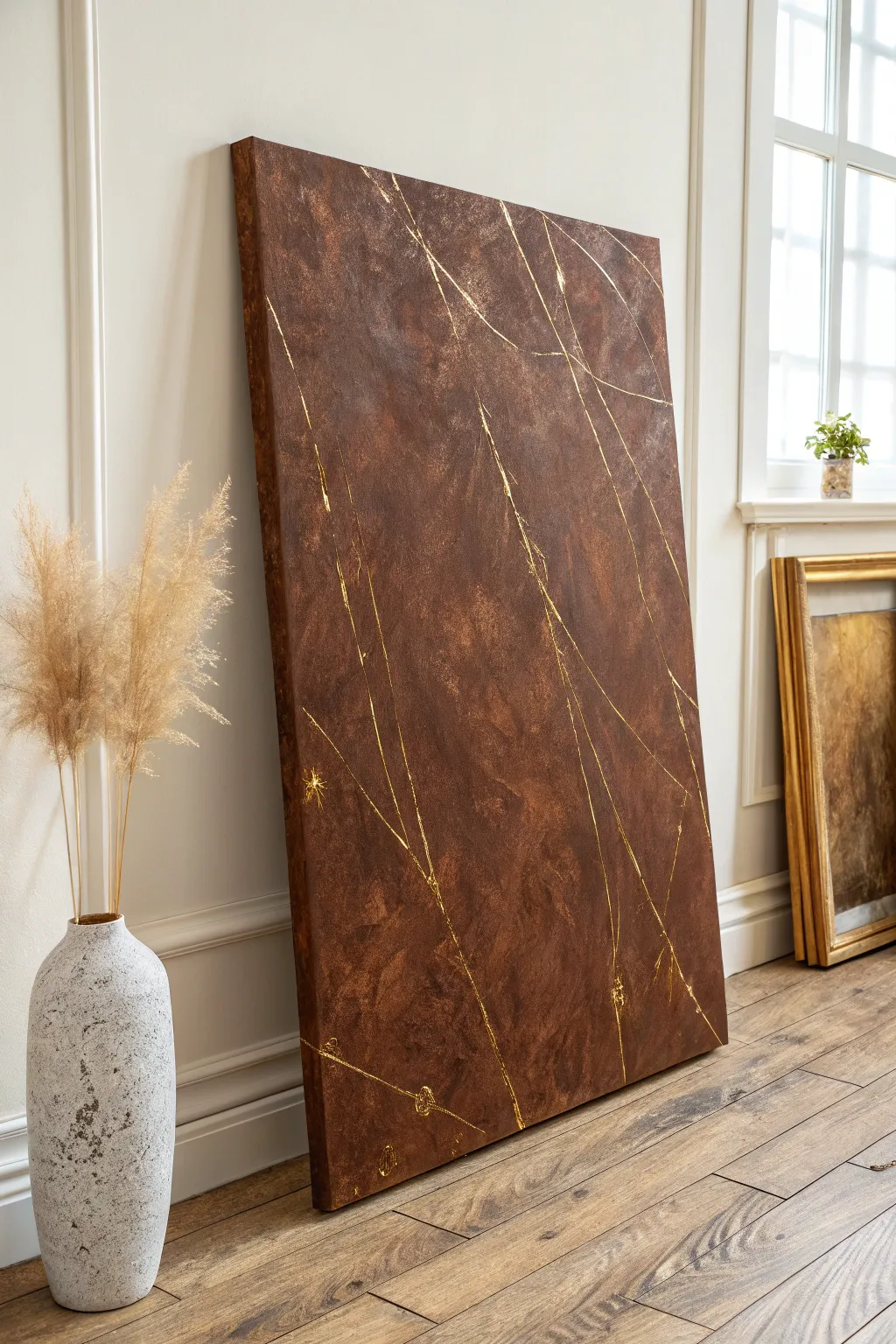 Warm brown abstract canvas with delicate metallic gold lines for a luxe, minimalist boho glow.