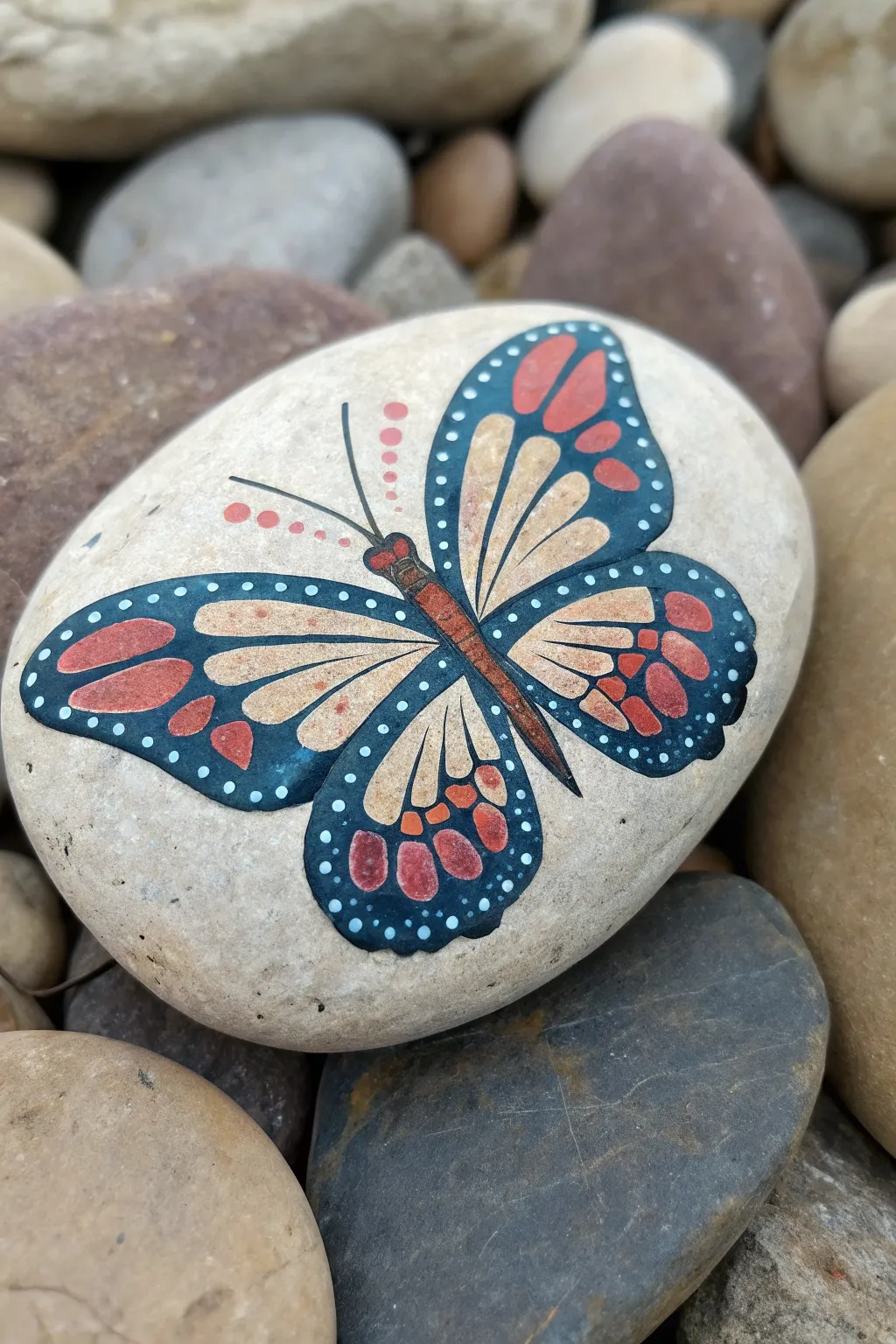 Textured raised-detail butterfly rock in bold boho colors on a clean Scandinavian backdrop