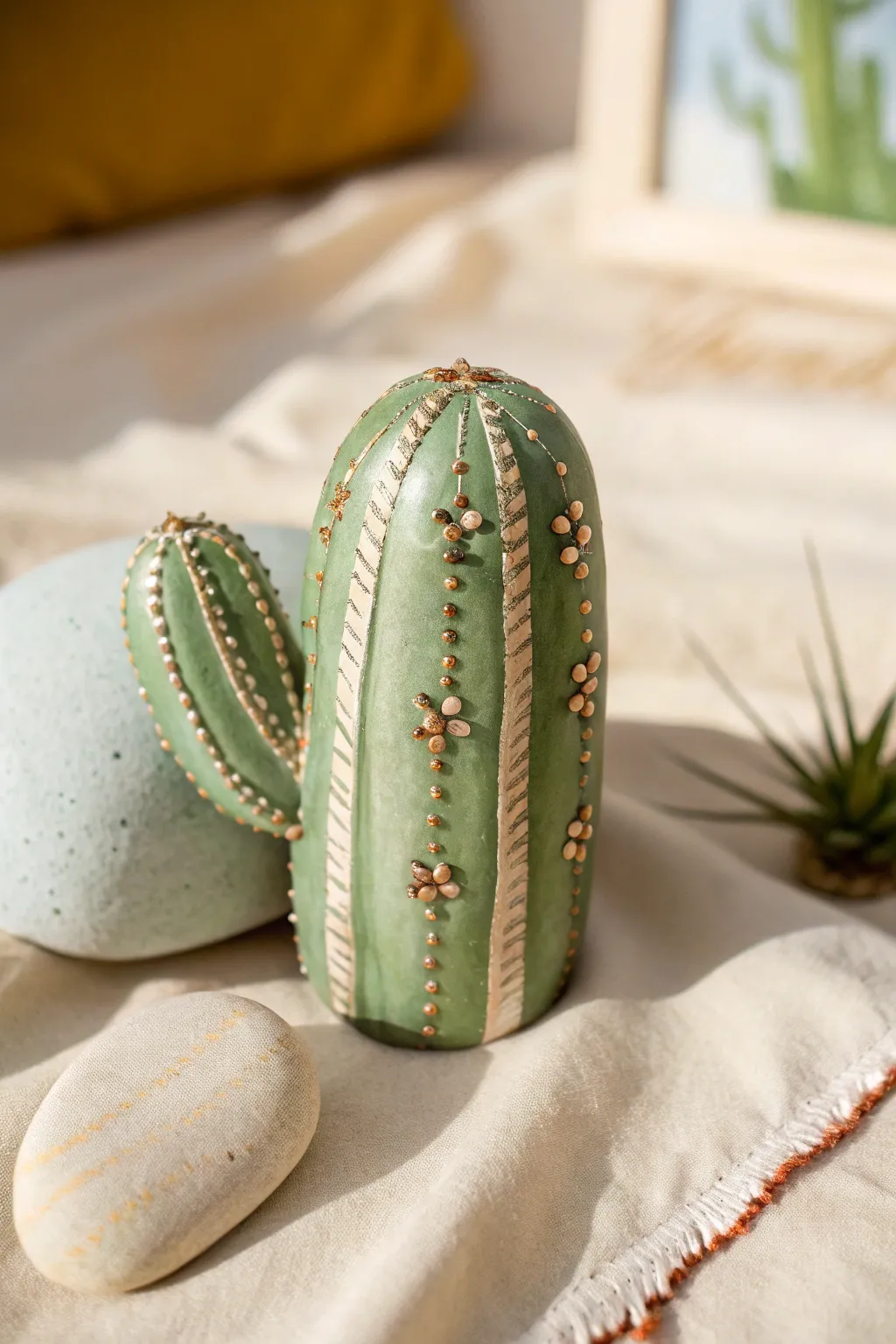Matte green cactus rock with soft champagne-gold spine highlights for a gentle, crafted shine