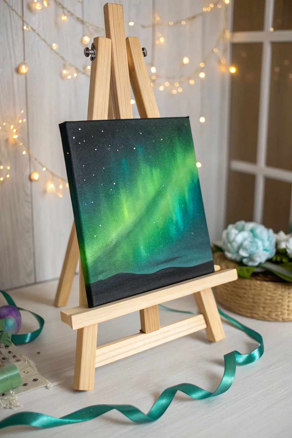 Surreal green aurora swirls with tiny stars, an easy bold background idea for your next canvas.