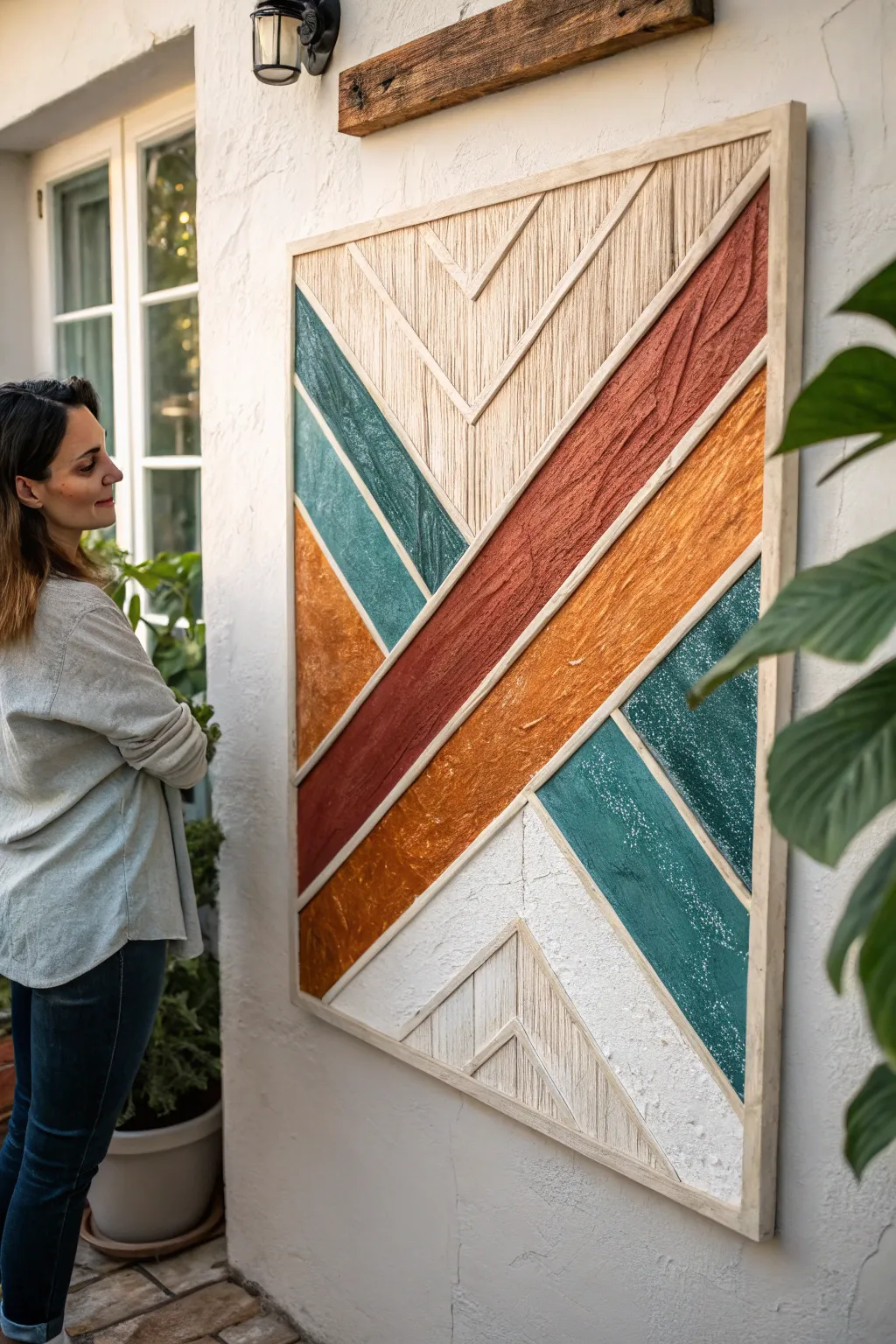 Bold Scandinavian-boho mixed media canvas with tactile collage layers and striking color contrast