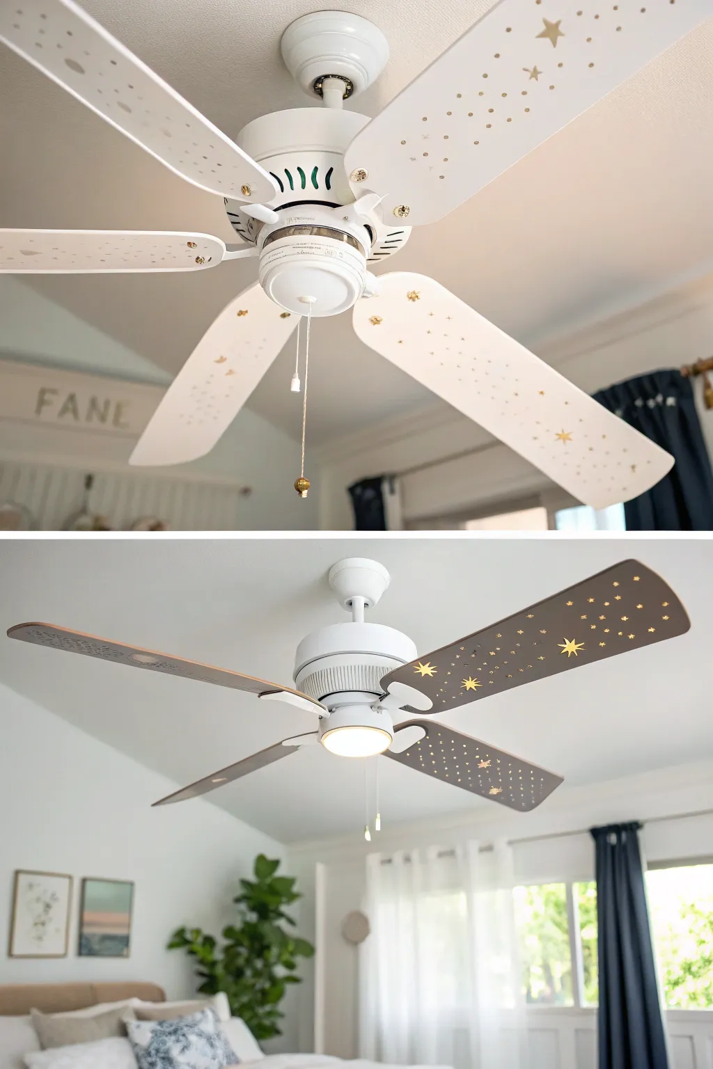 Dreamy ceiling fan blades with constellation dots that glow at night for a calm, cozy bedroom vibe