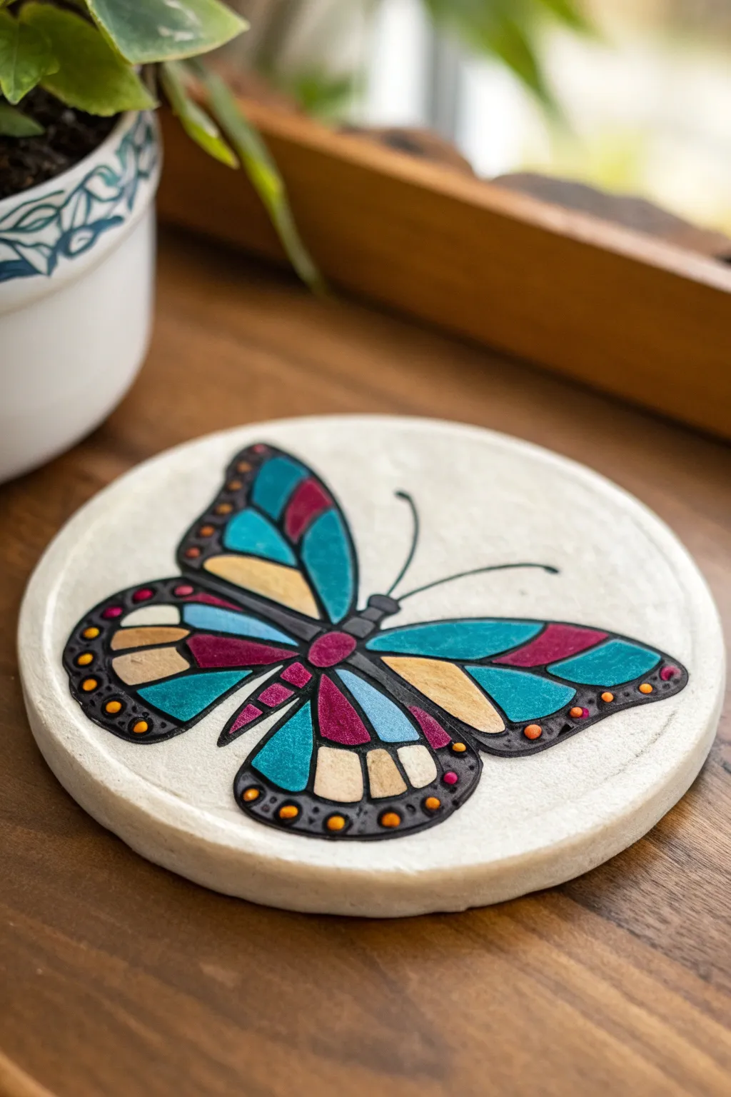 Faux stained-glass butterfly coaster with bold lines and radiant color panes, DIY inspo.