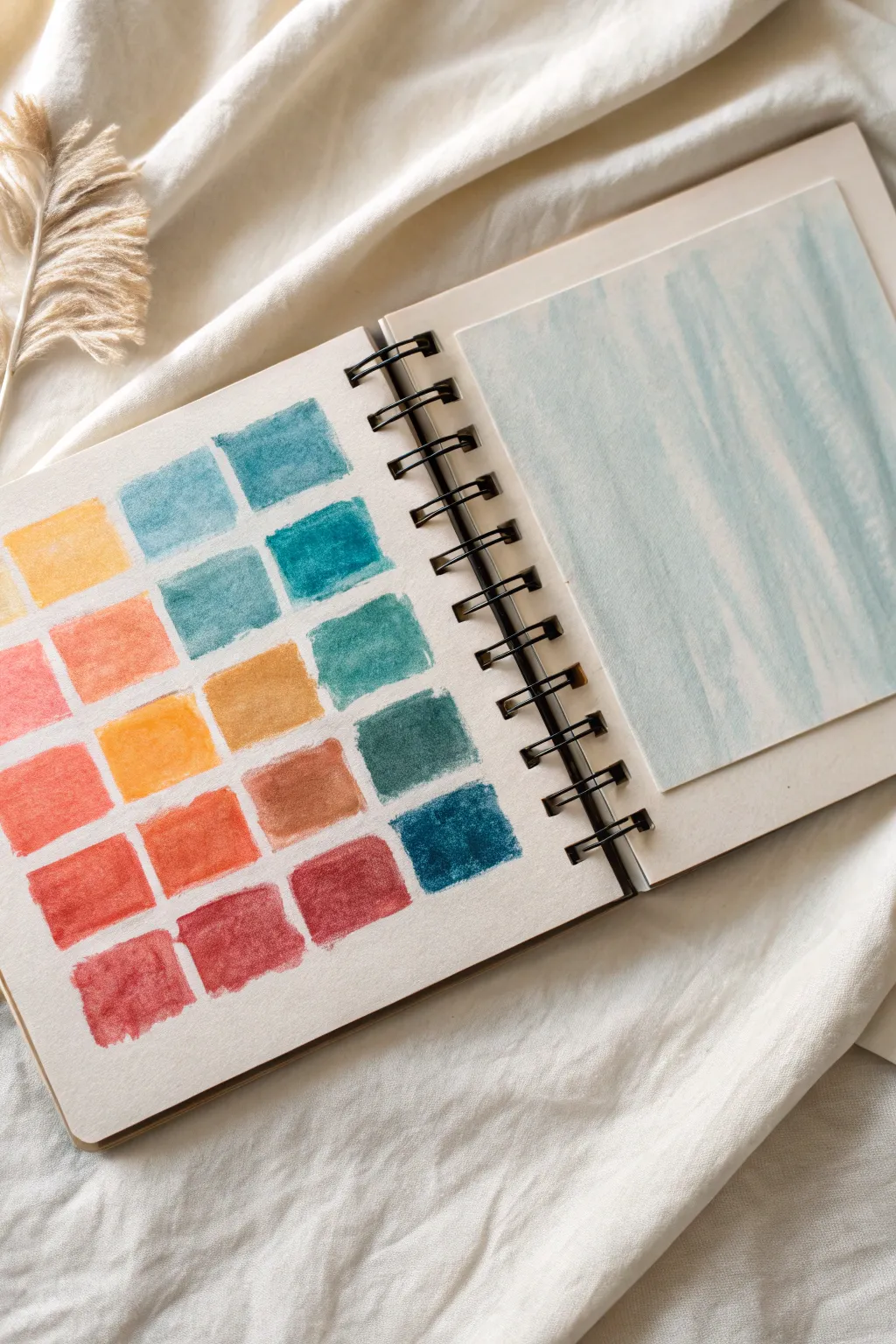 Dry chalk pastel vs wet-brush wash on one page, bold blooms and clean minimalist contrast