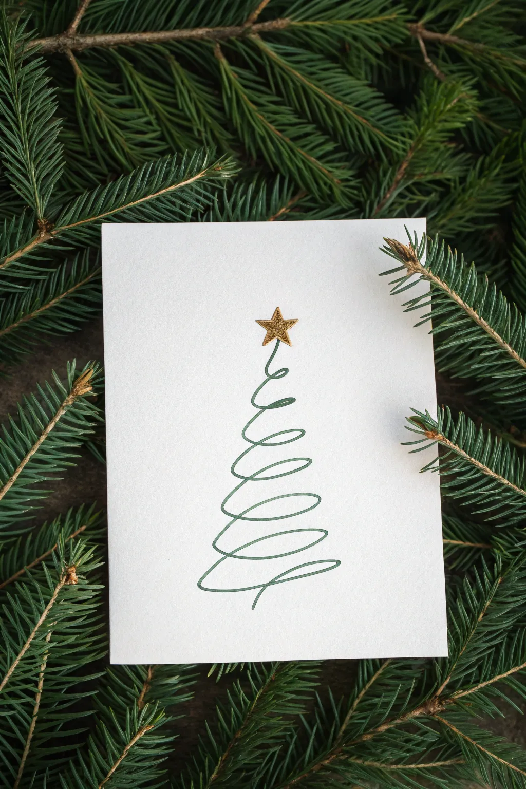 Minimal one-line Christmas tree drawing: clean spiral tree with a star, bold and easy to copy