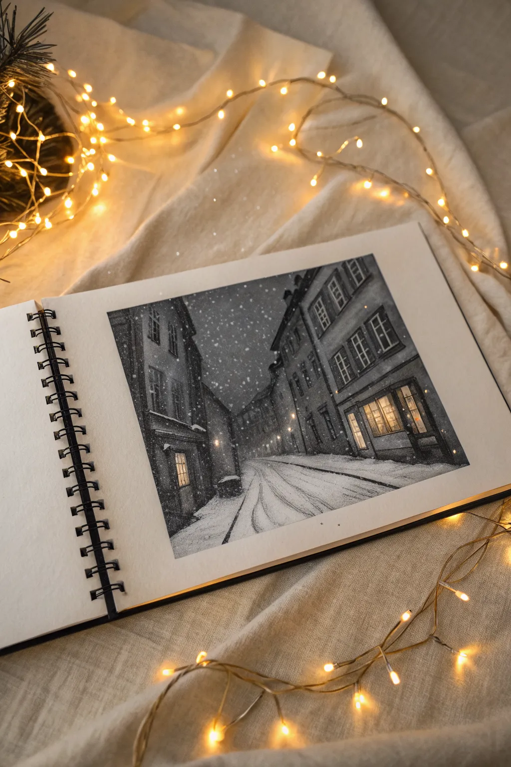 Winter night street sketch with glowing string lights and snow, built with charcoal contrast
