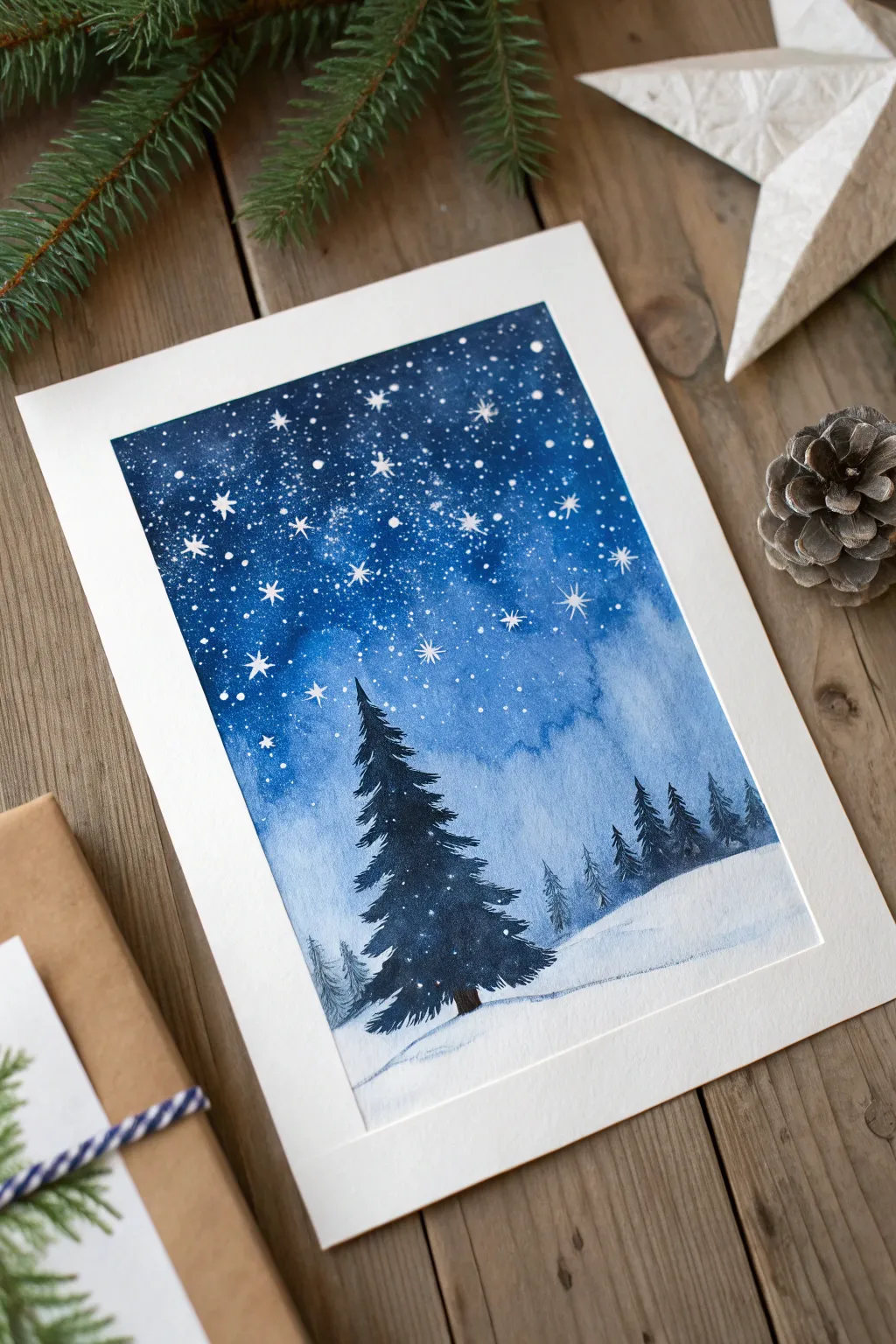 Salt-sprinkle snowy night sky painting: sparkling crystals on deep blue with a simple tree