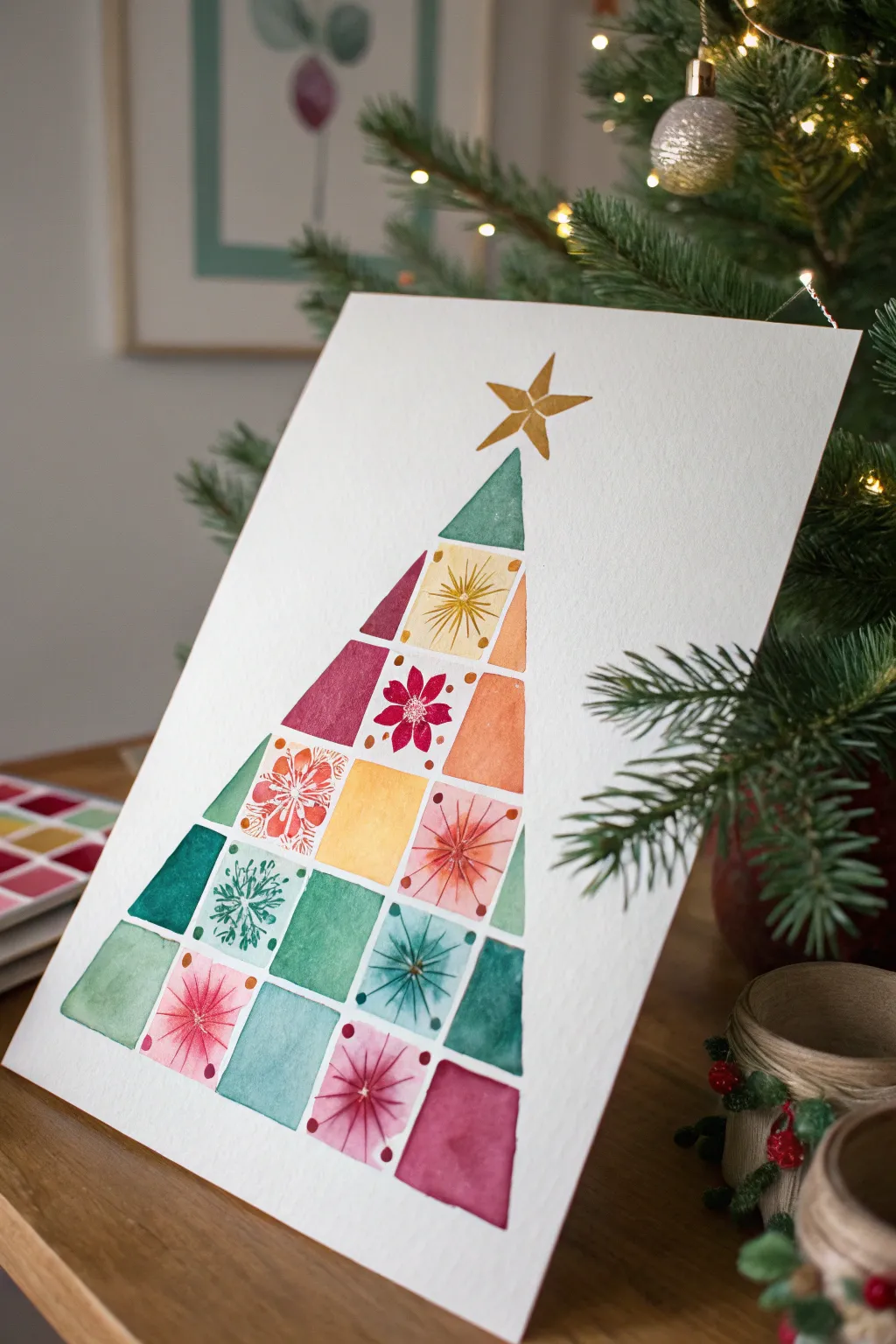 Abstract watercolor swatches form a modern Christmas tree with blooms, drips, and a tiny star