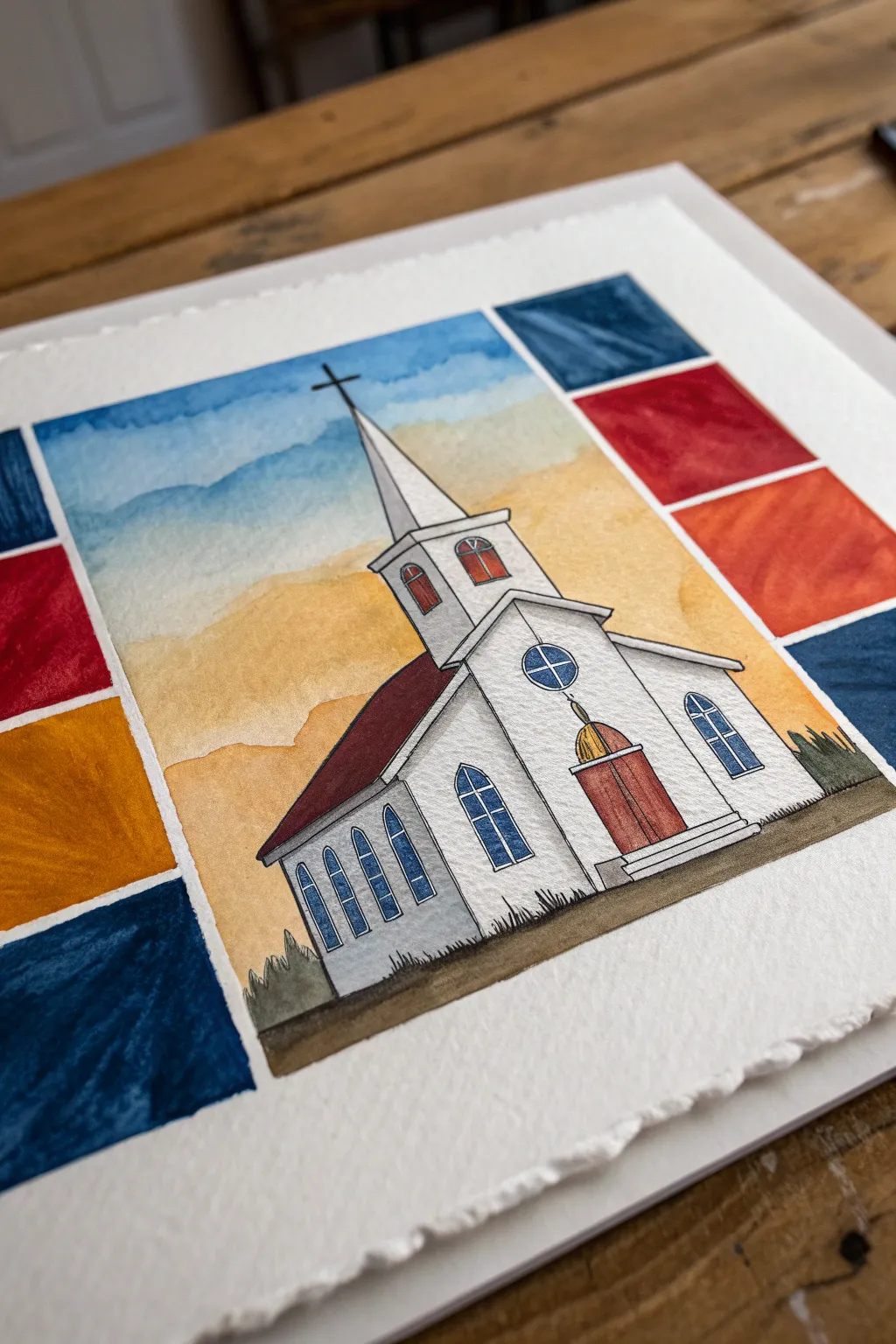 Color-block church shapes in bold hues, minimalist Scandinavian vibe with a handcrafted boho touch.