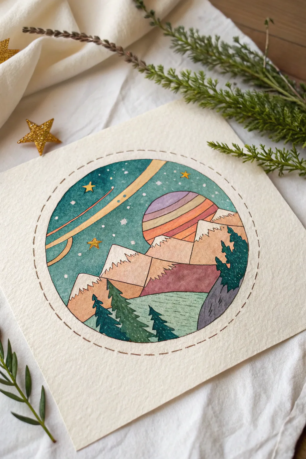 Layered tiny planet circle art in concentric bands, bold colors on clean minimalist paper