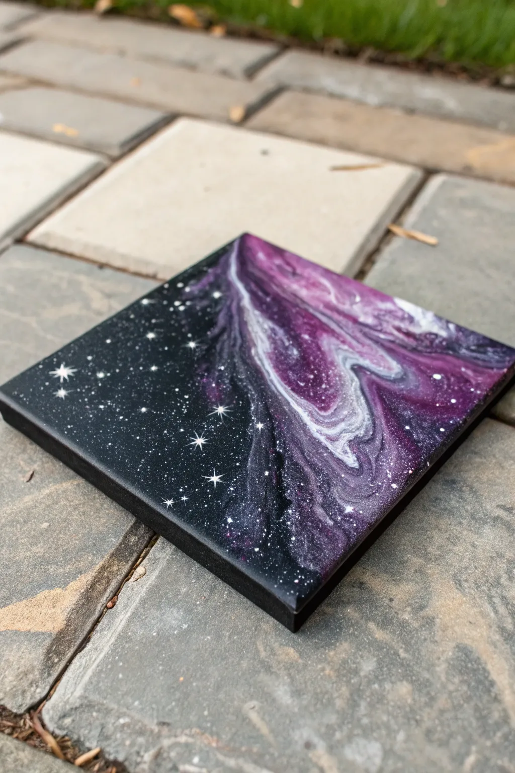 Galaxy pour palette: inky black + violet swirls, starry white splashes, subtle silver shimmer