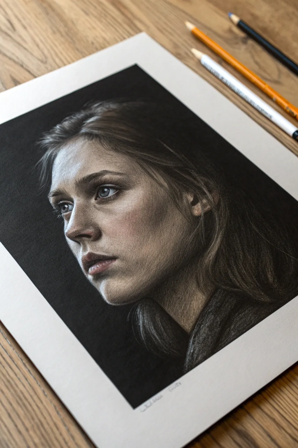 Colored pencil portrait on black paper with spotlight highlights for dramatic chiaroscuro glow