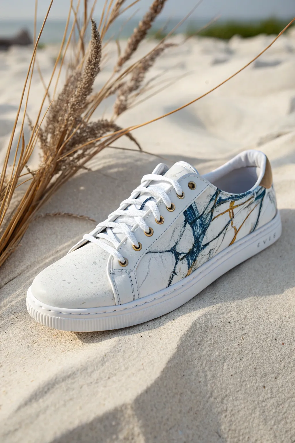 Marble-illusion sneaker close-up with matte sealant, minimalist styling and bold contrast.