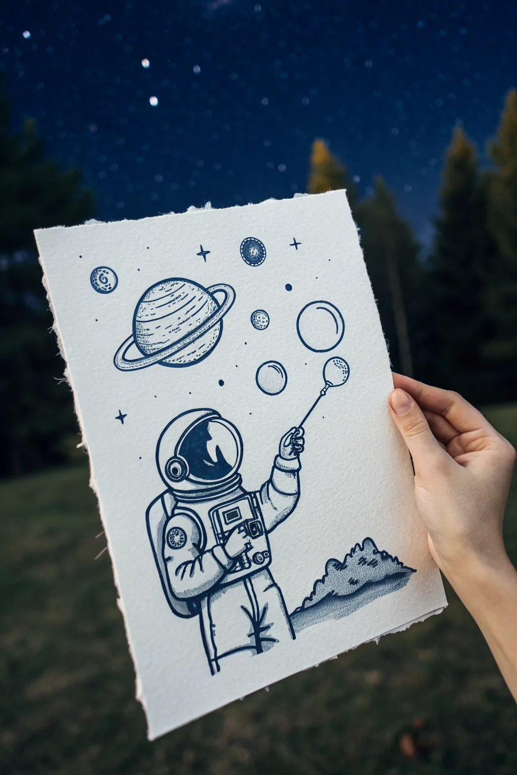 Minimal astronaut sketch blowing planet bubbles, bold stars and clean Scandinavian boho vibes