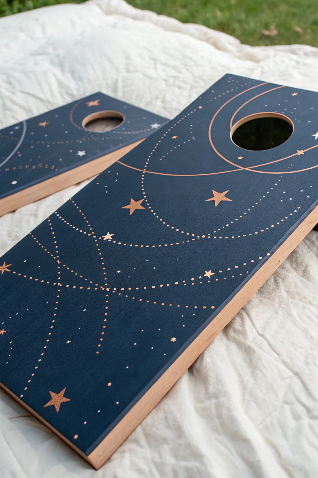 Constellation night-sky cornhole board paint idea with crisp stars and copper lines