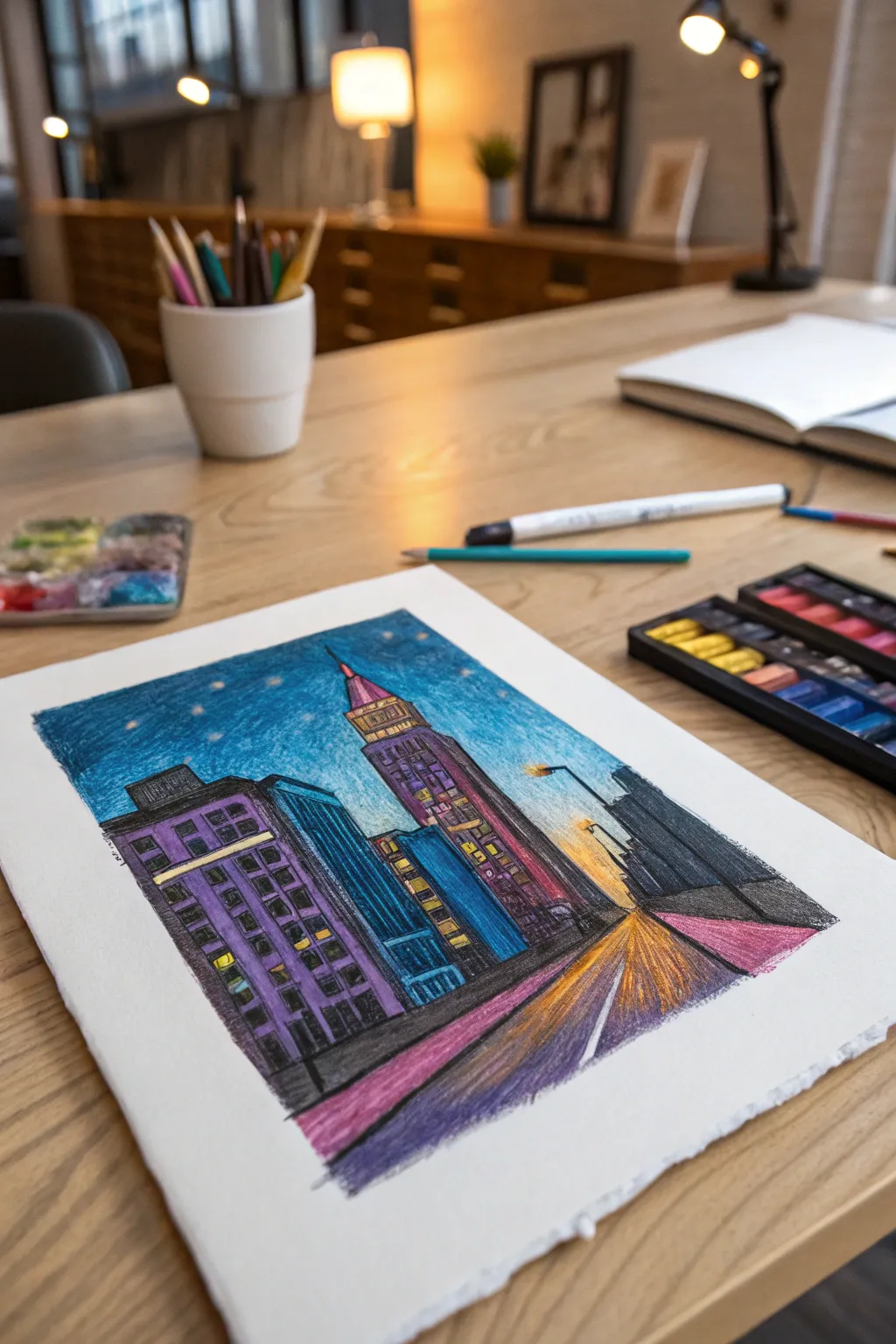 Impressionistic crayon city lights with broken color dabs and rich wax texture in warm light