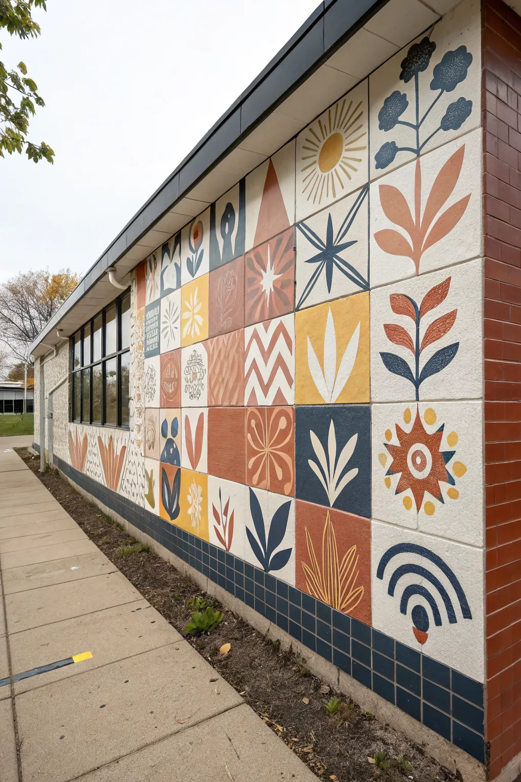 Patchwork mural wall made of student-painted tiles, unified colors, bold contrast, cozy minimal vibe