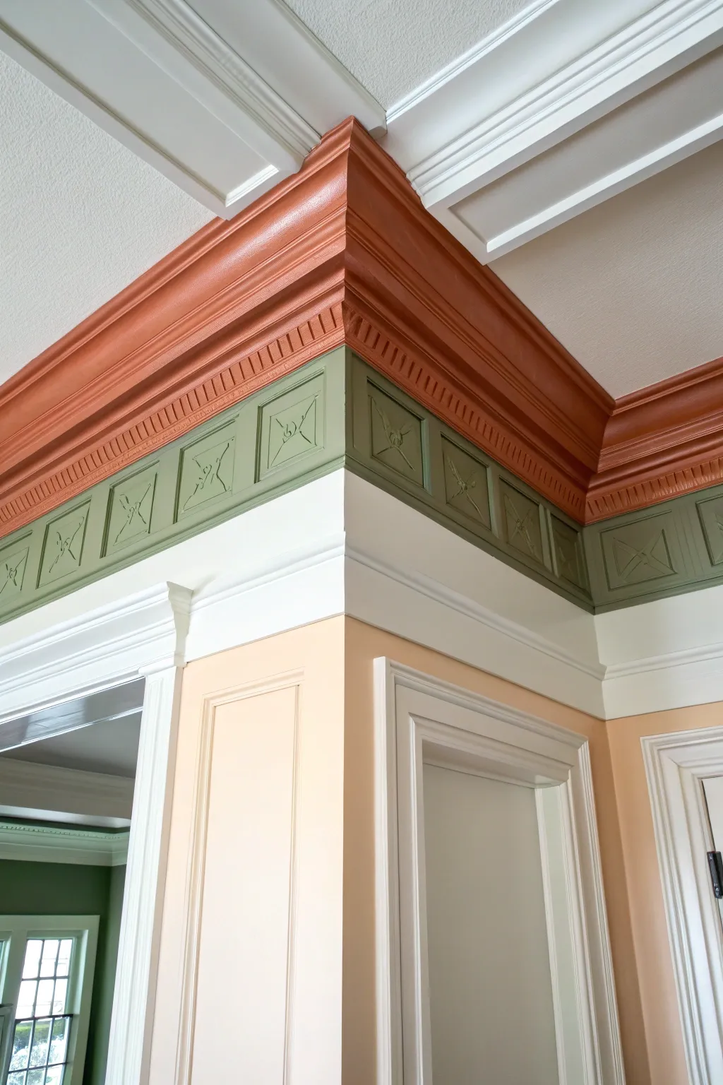 Color-blocked crown molding marks dining vs living zones with bold, modern contrast.