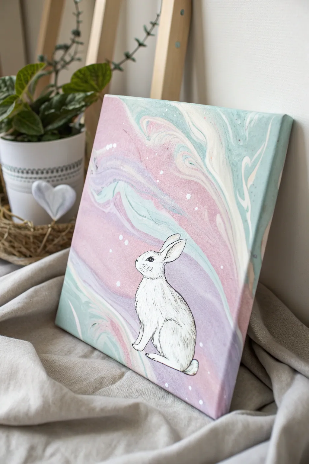 Pastel paint-pour canvas with a clean white bunny outline and tiny heart accent