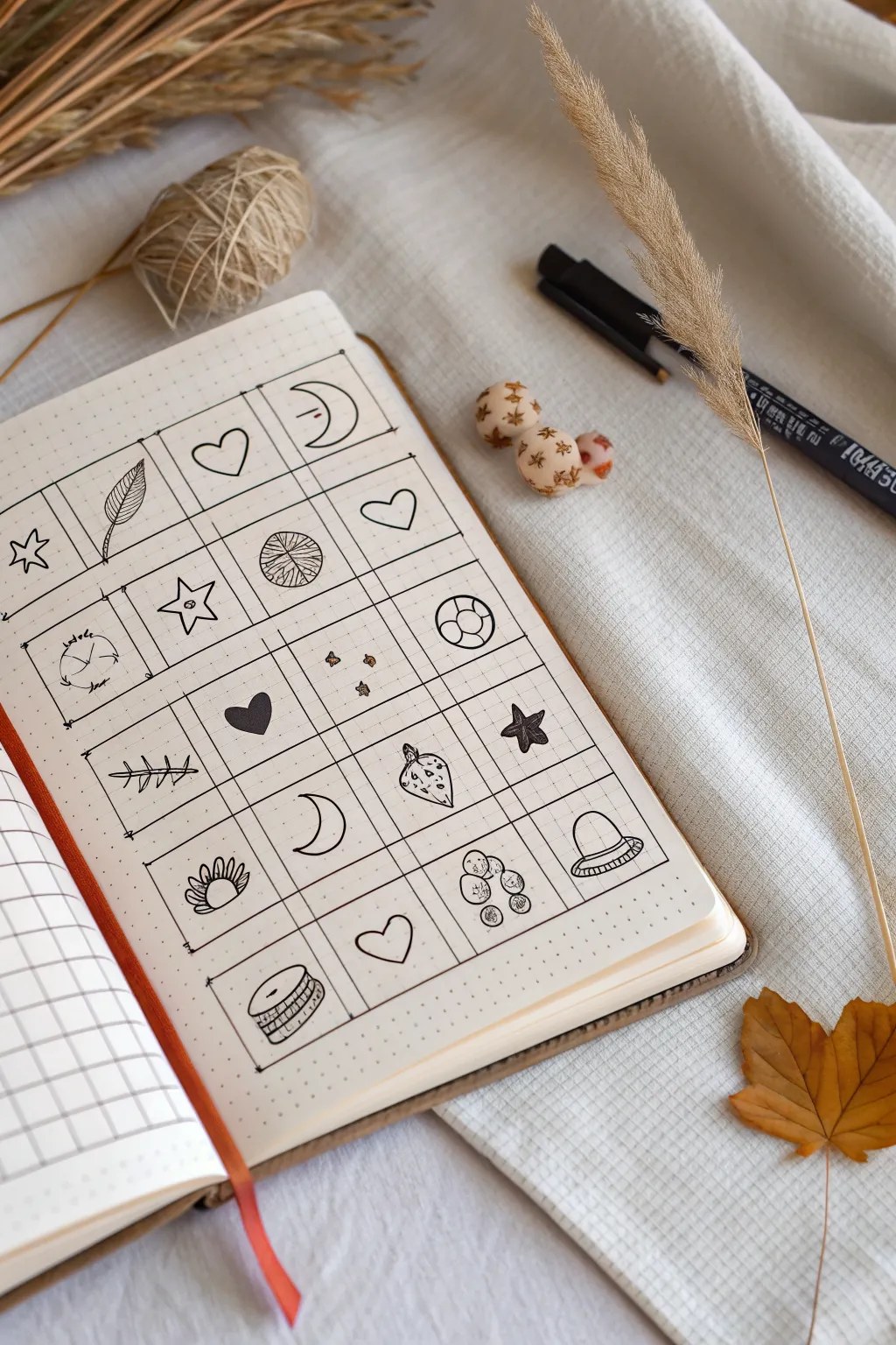 A cute minimalist doodle grid of tiny icons, thin line art with soft boho color pops