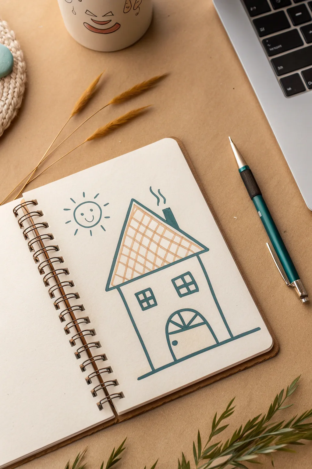 Tiny house doodle with a smiley window, simple shapes and bold colors for easy drawing inspo